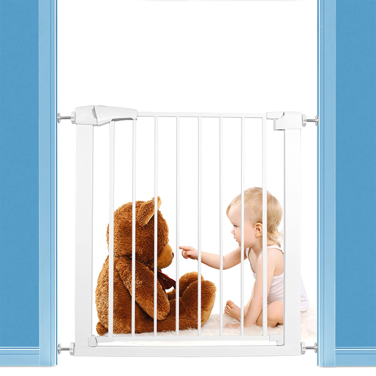 Extra Wide Baby Gate 30-32 Inch - Pressure Mounted Metal Safety Gate for Stairs & Doorways, No Drilling & Tool-Free Installation with Wall Protectors & Extenders (Size A+7+14+28CM) - Perfect for Homes with Pets & Toddlers