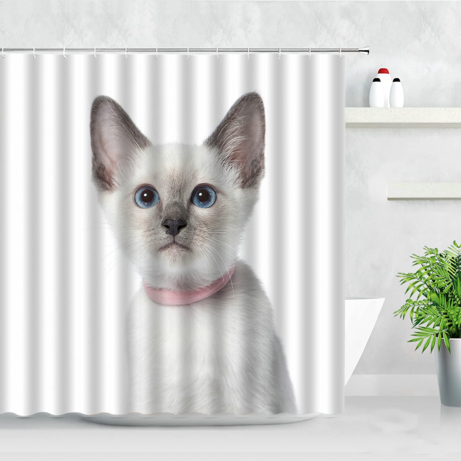 White Thai Siamese Cat Waterproof Shower Curtain 36x72 Inches with Hooks - Modern Polyester Bathroom Decor for Shower and Bathtub - Perfect for Cat Lovers' Bathroom (90x180cm)