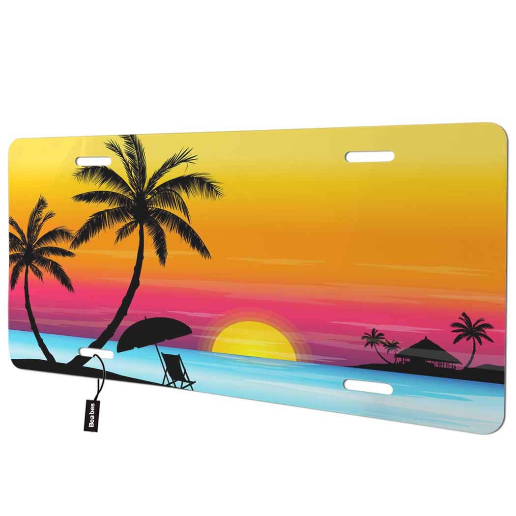 Beabes Summer Sunset Beach Front License Plate Cover - Tropical Palm Trees Ocean Sea Theme 6x12 Inch Aluminum Vanity Plate for Cars & Vans - Perfect for Beach Lovers, Summer Road Trips & Coastal Decor