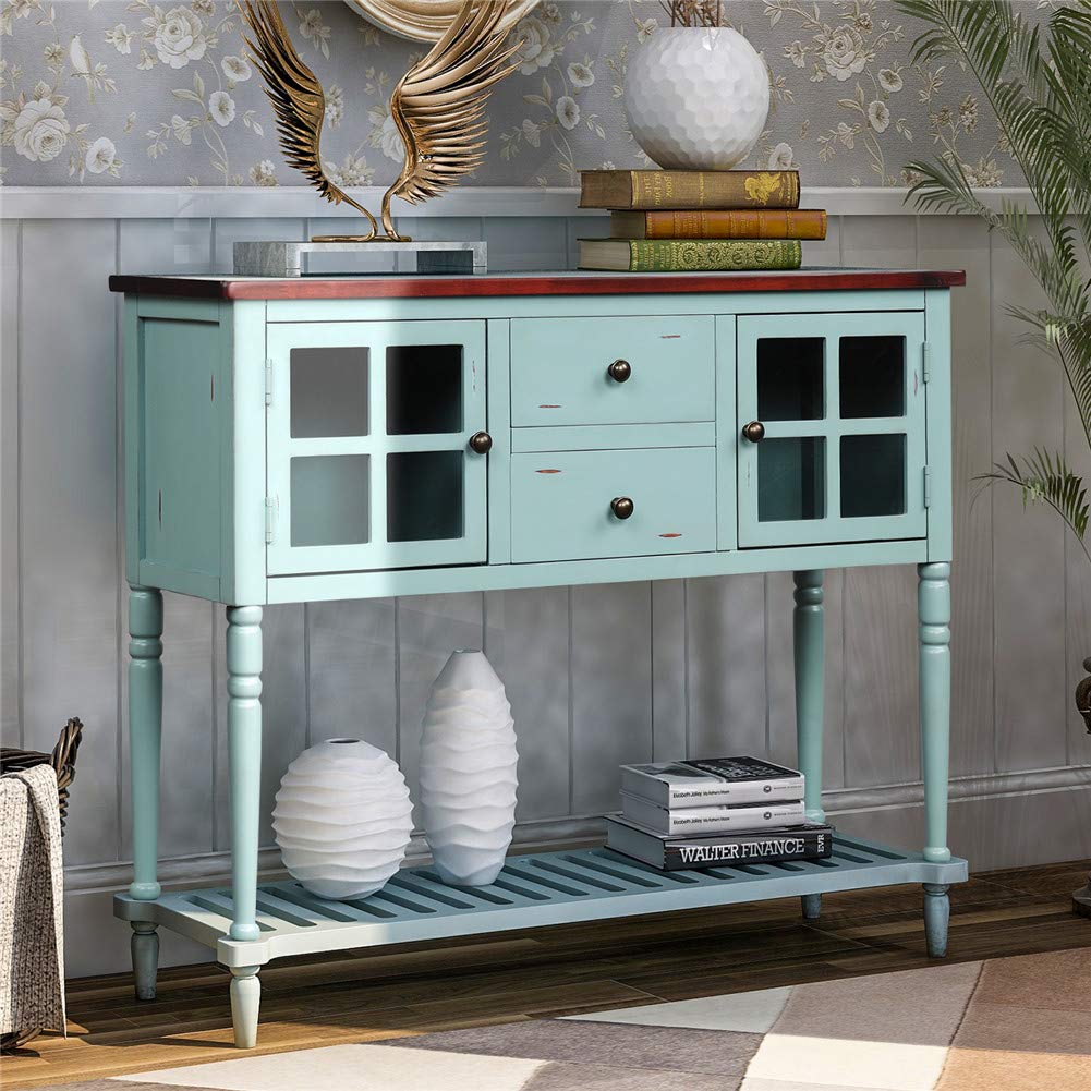 OCTM Farmhouse Style Sideboard Console Table - Wood & Glass Buffet Storage Cabinet with 2 Drawers & 2 Cabinets - Bottom Shelf for Entryway & Living Room Decor (Vintage Blue) | Perfect for Dining Room Storage, Hallway Organization & Home Entryway Furniture