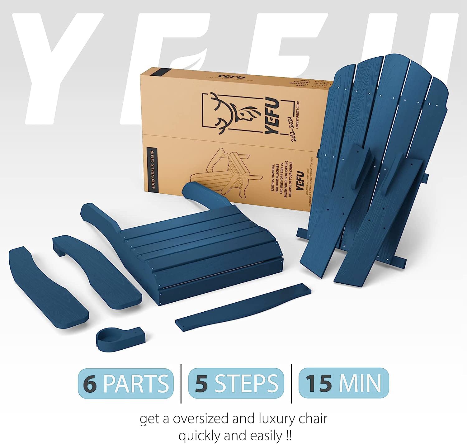 YEFU Oversized Plastic Adirondack Chair Set of 4 - Weather Resistant Outdoor Patio Furniture with Cup Holders, Heavy Duty Poly Lumber for Deck, Garden, Lawn, Backyard & Poolside Relaxation - Navy Blue