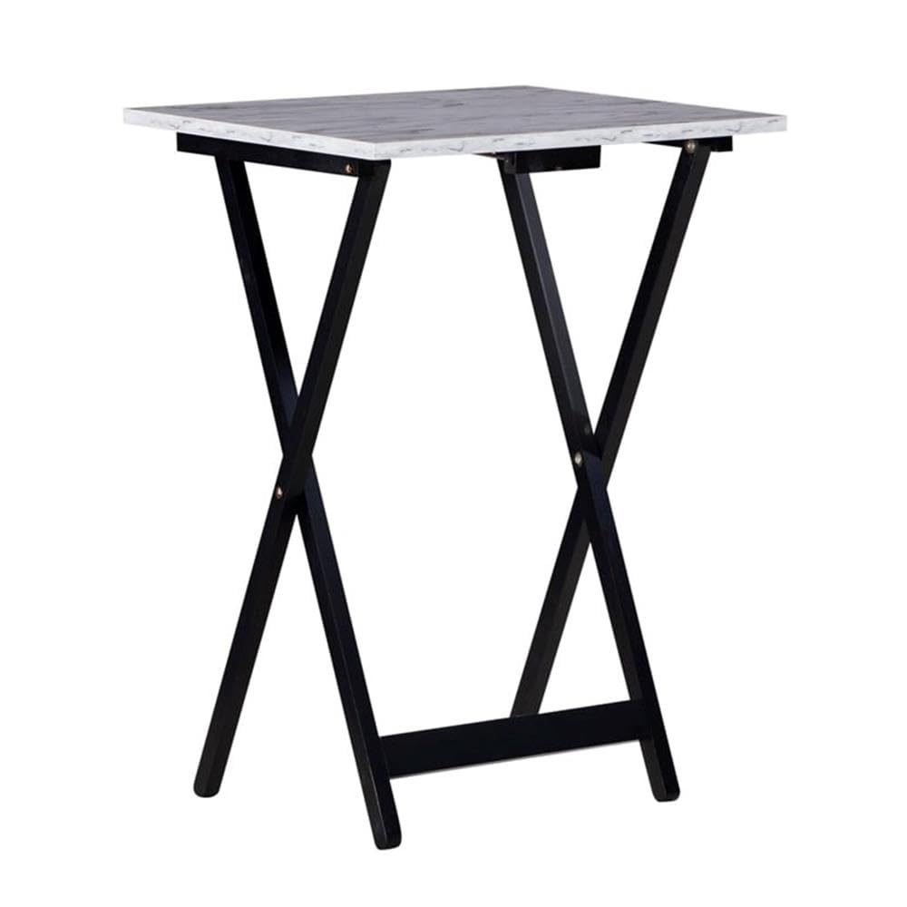 Pemberly Row 5-Piece Marble Folding Tray Table Set with Stand in White and Black - Perfect for Living Room, Bedroom, or Outdoor Entertaining