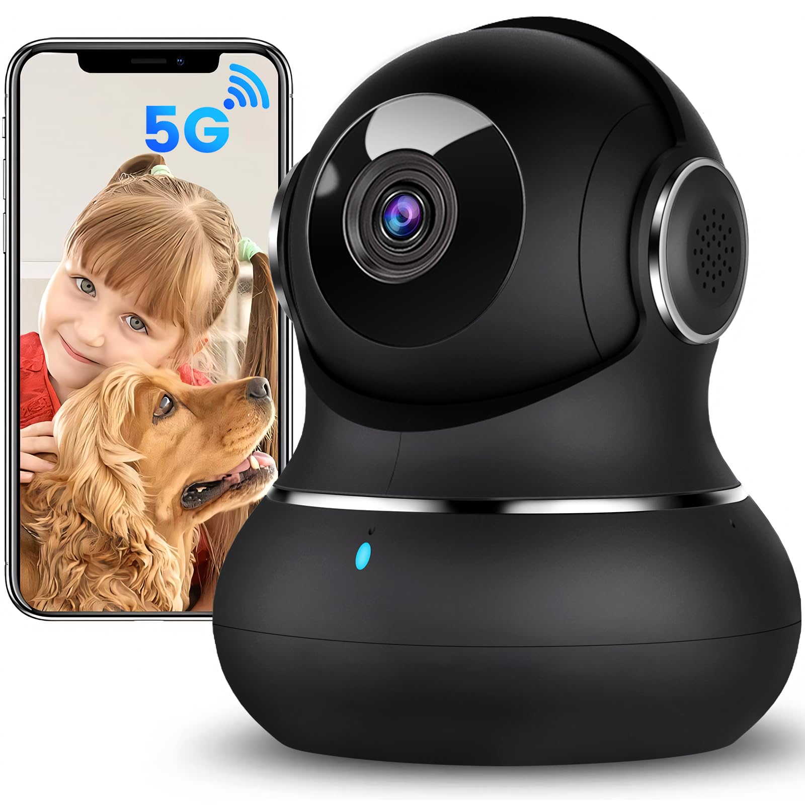 Little Elf 5MP Pet Camera with 360° Motion Tracking - 5GHz/2.4G Dual-Band WiFi Indoor Security Camera, IR Night Vision & 2-Way Audio - Baby Monitor, Pet Camera & Home Surveillance - Works with Alexa - Perfect for Nursery, Living Room & Pet Areas