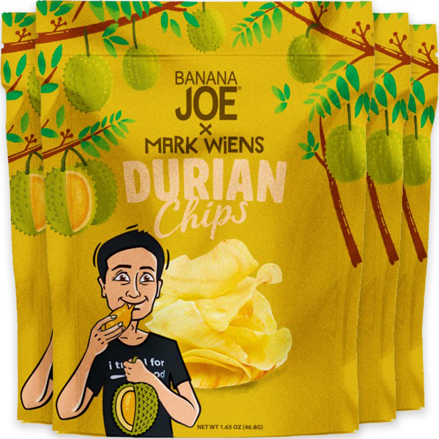**Mark Wiens Durian Chips - Thai Gluten-Free Vegan Snack, Dehydrated Durian Fruit Crisps, 100% Real Durian, Healthy Asian Mornthong Fruit Snack, Pack of 4 x 1.65 oz - Perfect for Travel, Office, and Movie Nights**