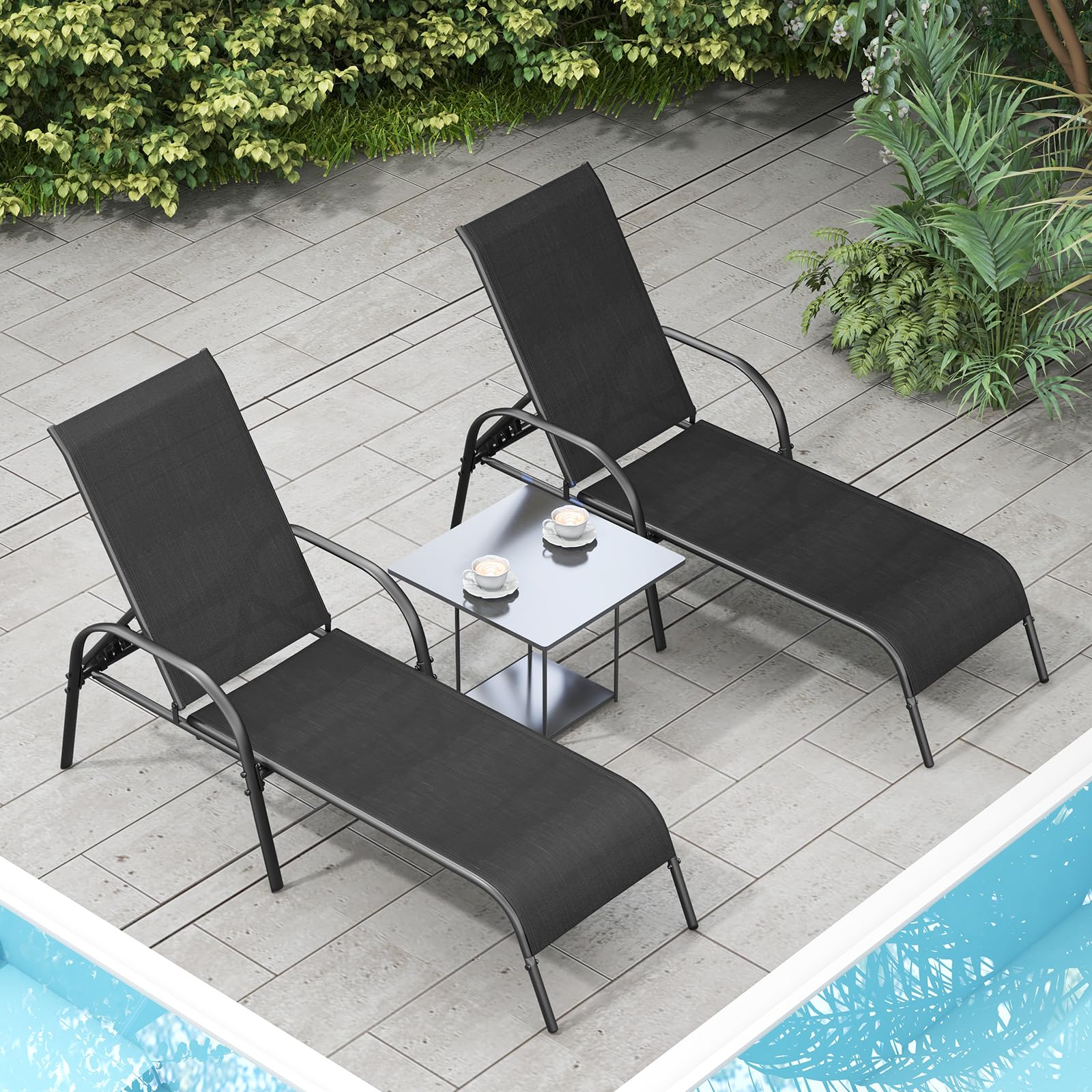 Giantex 2 Pack Adjustable Patio Lounge Chairs - Heavy Duty Steel Frame Outdoor Chaise Lounges with 5-Position Reclining Backrest - Perfect for Sunbathing, Beach, Poolside, Backyard & Balcony Relaxation - Black