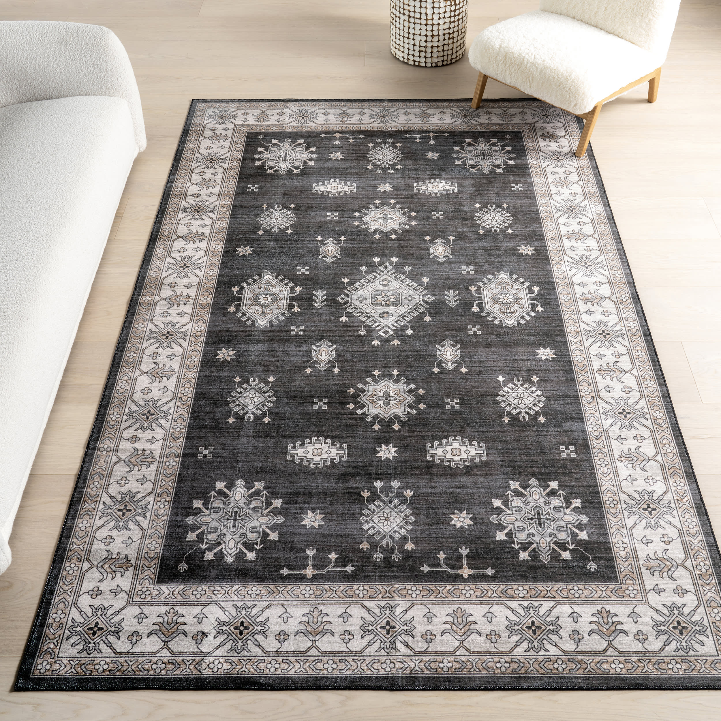 Andrea Bordered Washable Rug - Soft Non-Slip Indoor/Outdoor Carpet - Charcoal Grey - Perfect for Living Room, Bedroom, or Patio Decor