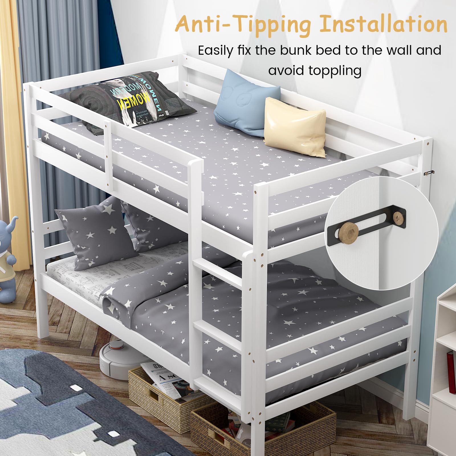 Giantex Twin Over Twin Solid Wood Bunk Bed with Sturdy Ladder & 12