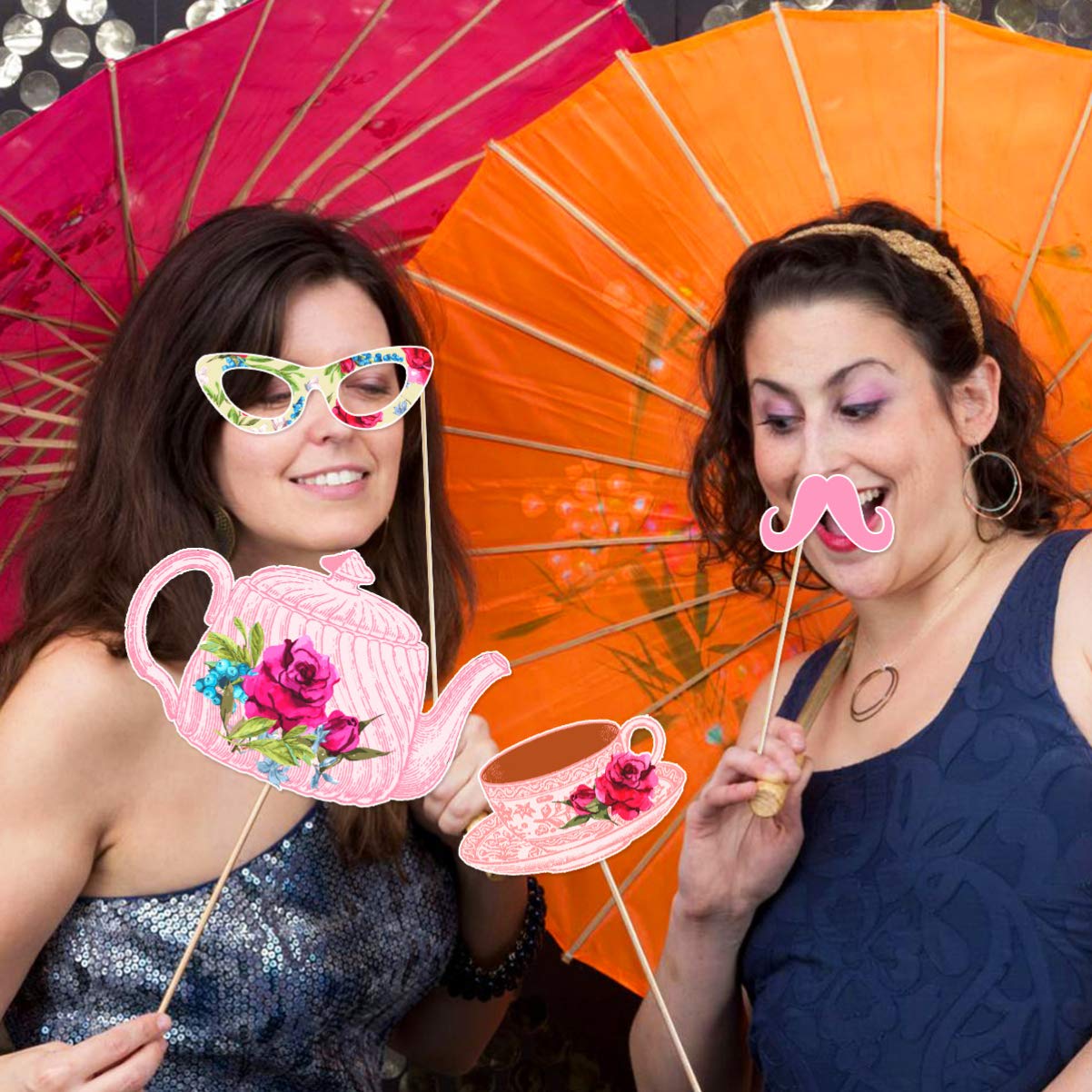 30 Pcs Elegant Tea Party Decorations - Wooden Sunglasses, Handheld Props & Photo Booth Backdrop for Adults - Perfect for Garden Parties, Graduations, Weddings & Themed Events