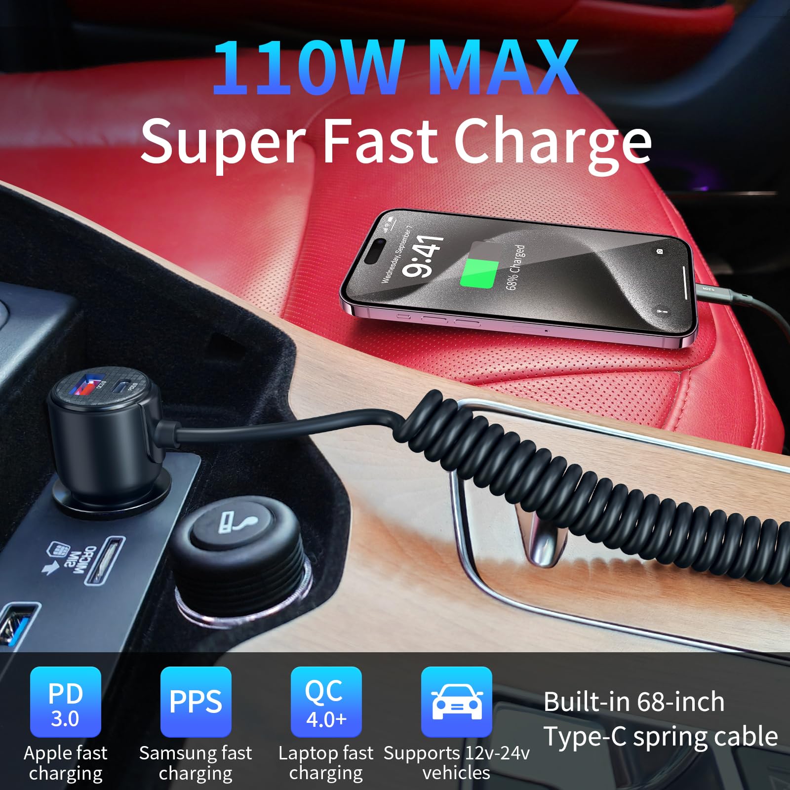 110W USB C Car Charger Fast Charging with 5.7ft Retractable Coiled Cable - Dual Port PD 3.0 QC 4.0 Car Phone Charger for iPhone 16/15 Pro Max/Plus, iPad, Samsung Galaxy S24/S23/S22, Google Pixel, Android Devices - Perfect for Road Trips & Daily Commute