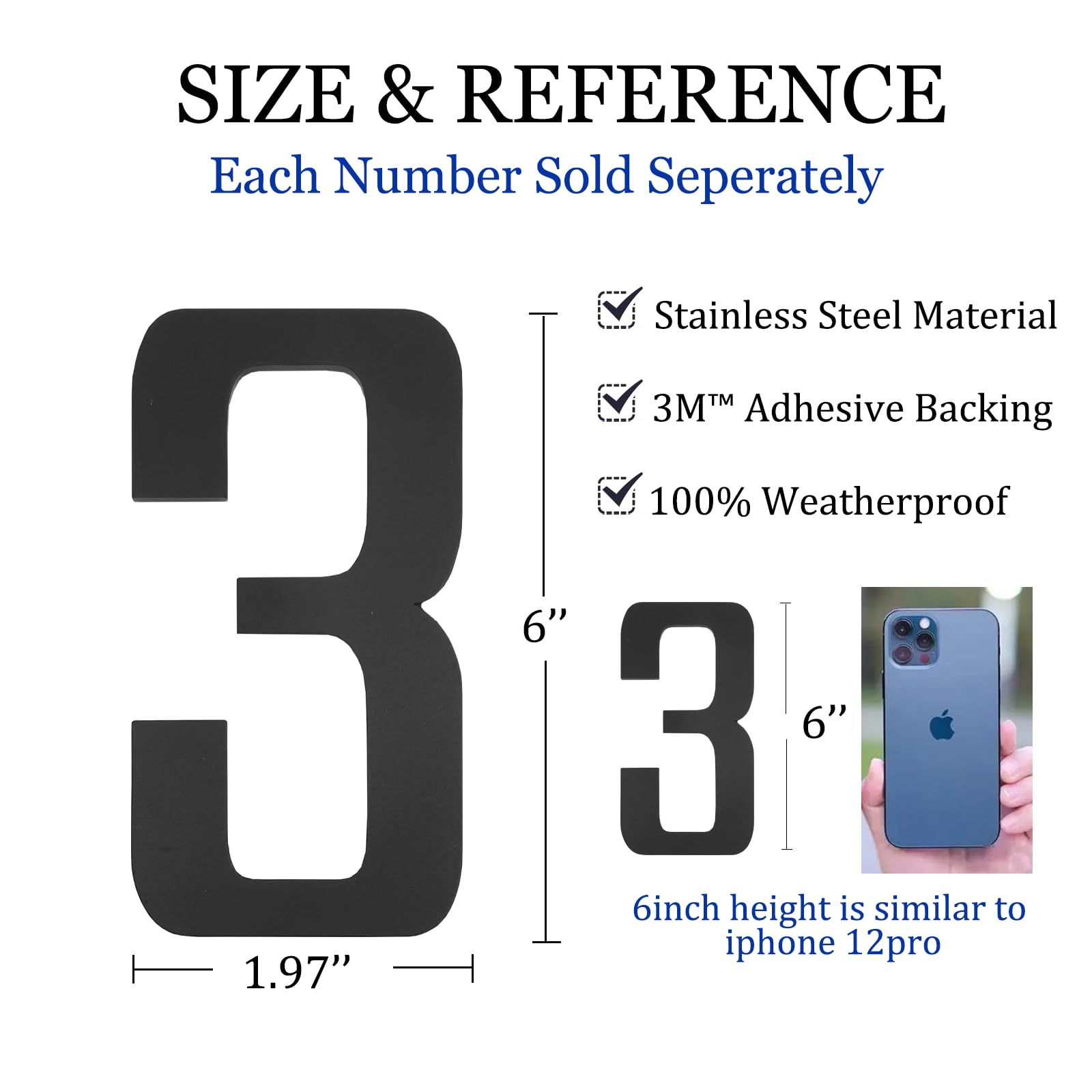 Modern Self-Adhesive 6 Inch Metal House Numbers for Outdoor - Large Address Plaque for Mailbox, Front Door & Exterior - Durable Weatherproof House Number 3 - Perfect for Home, Apartment & Business Entrance Identification