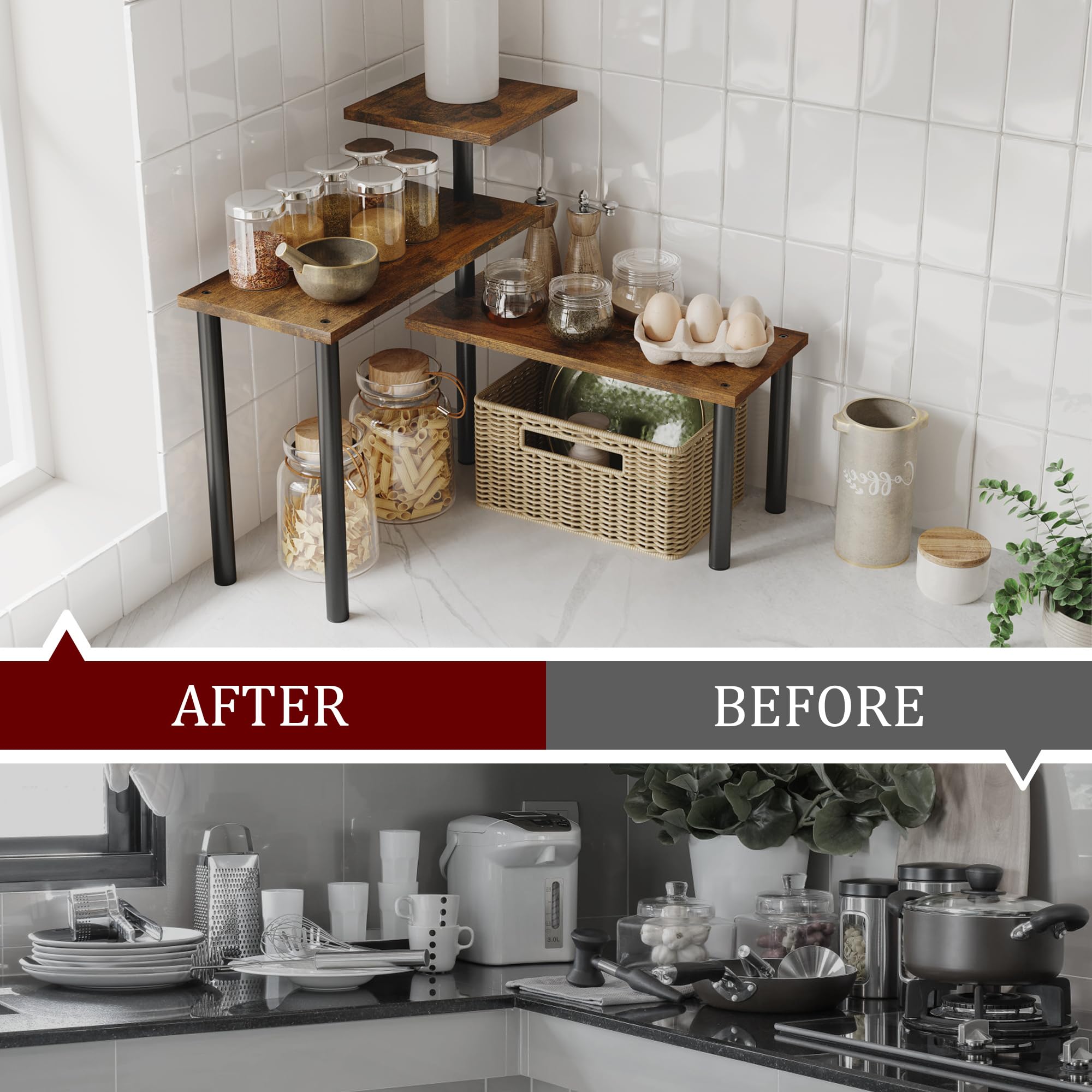 3-Tier Rustic Brown Countertop Organizer Corner Shelf - Adjustable Kitchen & Bathroom Storage for Spices, Coffee, Over Sink - Perfect for Small Space Organization in Pantry, Vanity & Dressing Tables