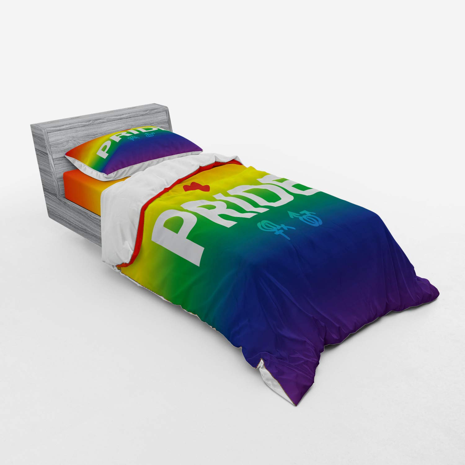 Ambesonne Pride Bedding Set - 3 Piece Duvet Cover with Sham & Fitted Sheet, Twin Size, Vibrant Abstract LGBTQ+ Celebration Design with Gender Symbols & Red Heart, Multicolor - Perfect for Pride Month, LGBTQ+ Events & Rainbow-Themed Bedrooms
