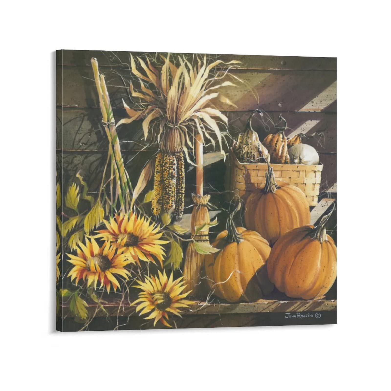 Pumpkin Sunflower Wall Art - Fall Harvest Painting, Rustic Kitchen Decor, Canvas Print Poster for Living Room & Bedroom - 20x20 Inch (50x50cm) Framed - Perfect for Autumn Home Decor & Farmhouse Style Interiors