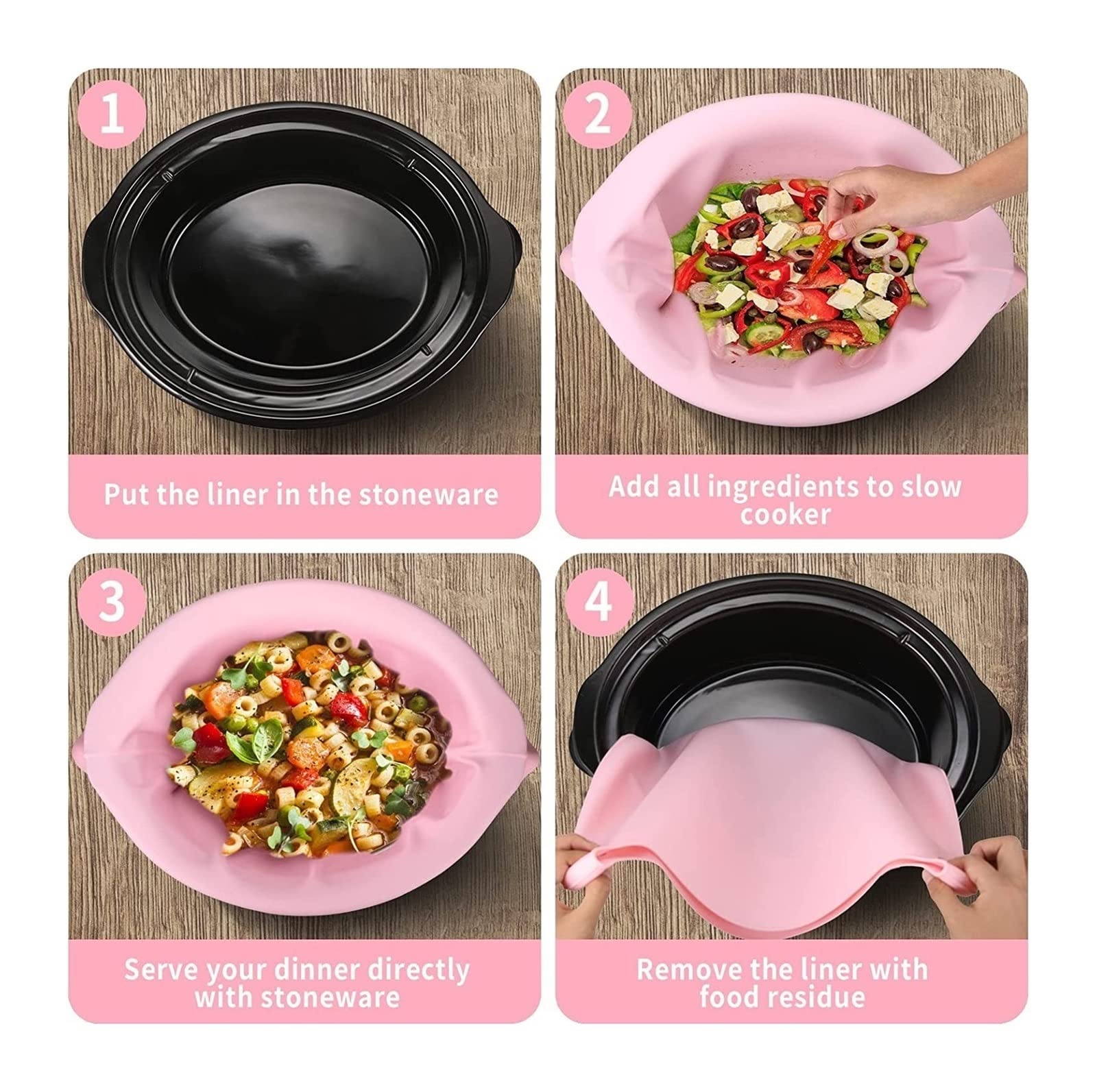 2PCS Reusable Silicone Slow Cooker Liners for 6-8 Quart Crockpot - Leakproof, Easy Clean, Dishwasher Safe - Fits Oval & Round Slow Cookers (Pink/Red) - Perfect for Meal Prep, Leftovers & Hassle-Free Cooking