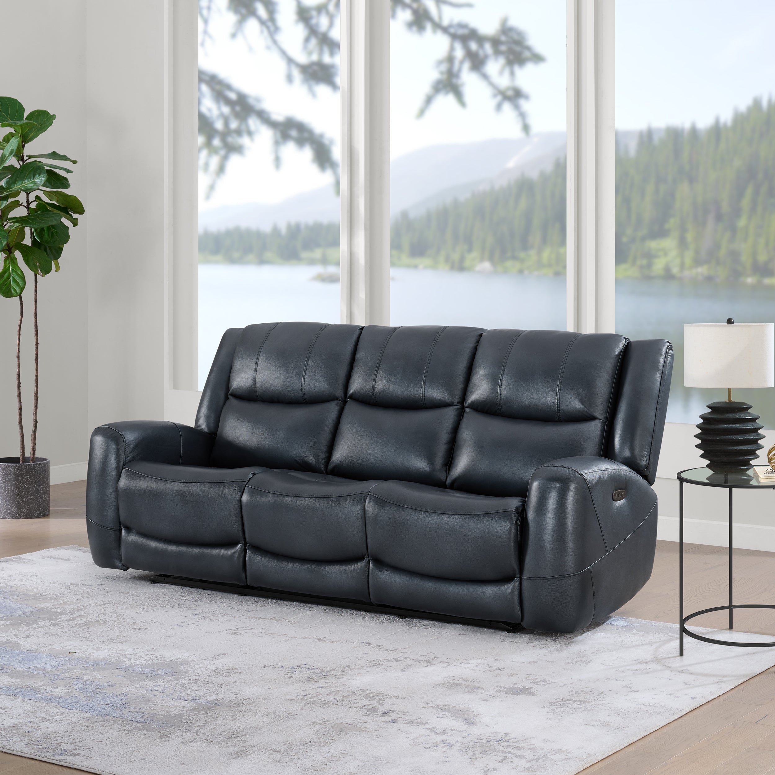 Roundhill Furniture Cozura Genuine Leather Power Dual Reclining Sofa - 3-Seater Living Room Couch with USB Charging for Home Theater & Family Relaxation