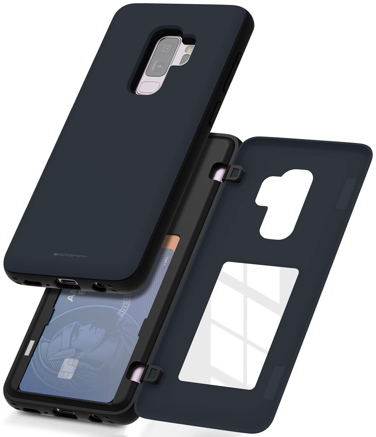 GOOSPERY Magnetic Wallet Case for Samsung Galaxy S9 Plus (2018) - Dual Layer Protective Bumper Cover with Hidden Mirror & Card Holder - Midnight Blue - Perfect for Work, Travel and Everyday Use