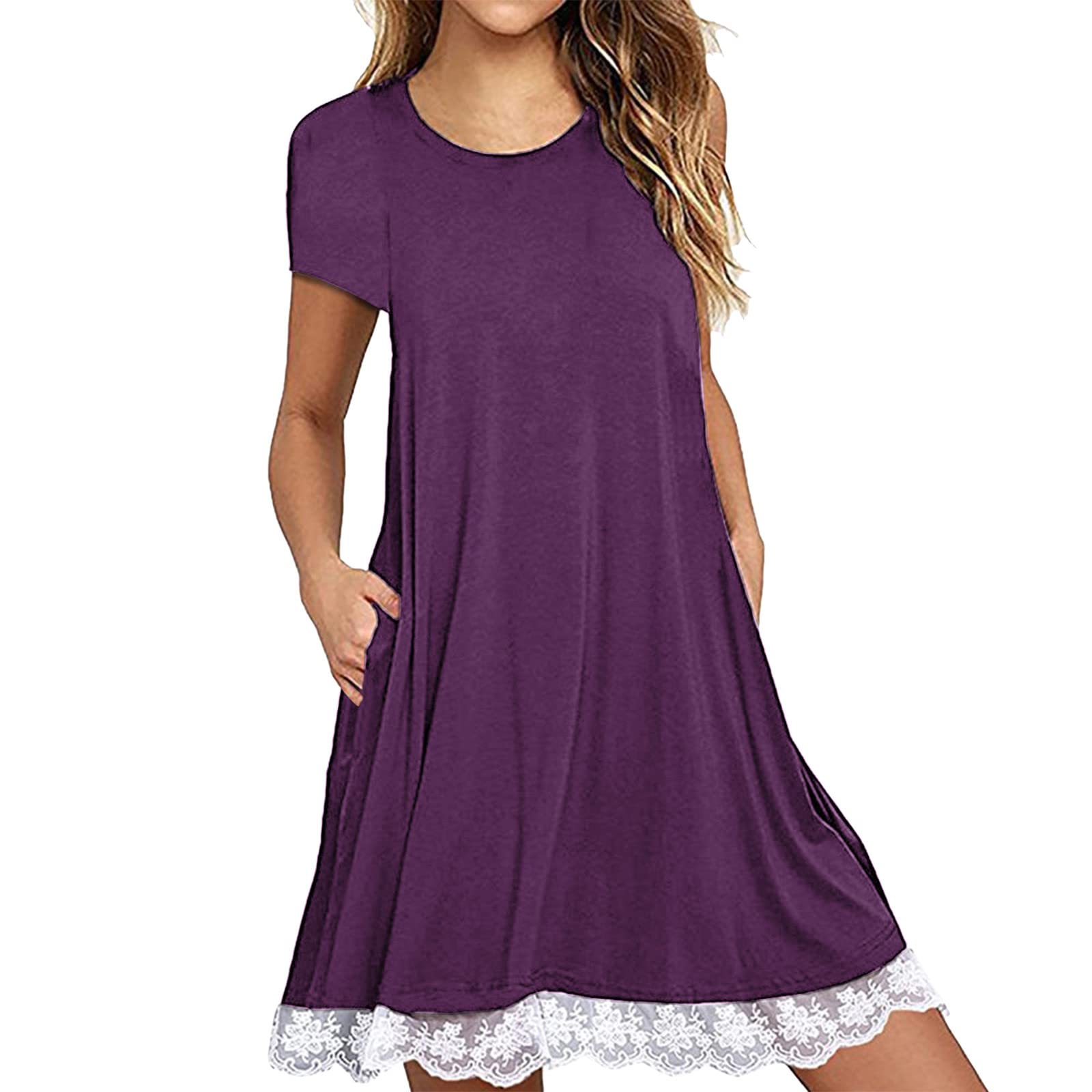 Women's Loose Fit Short Sleeve Lace Hem T-Shirt Dress with Pockets - Summer & Fall Crew Neck Casual Dress for Wedding Guest, Beach, and Daily Wear
