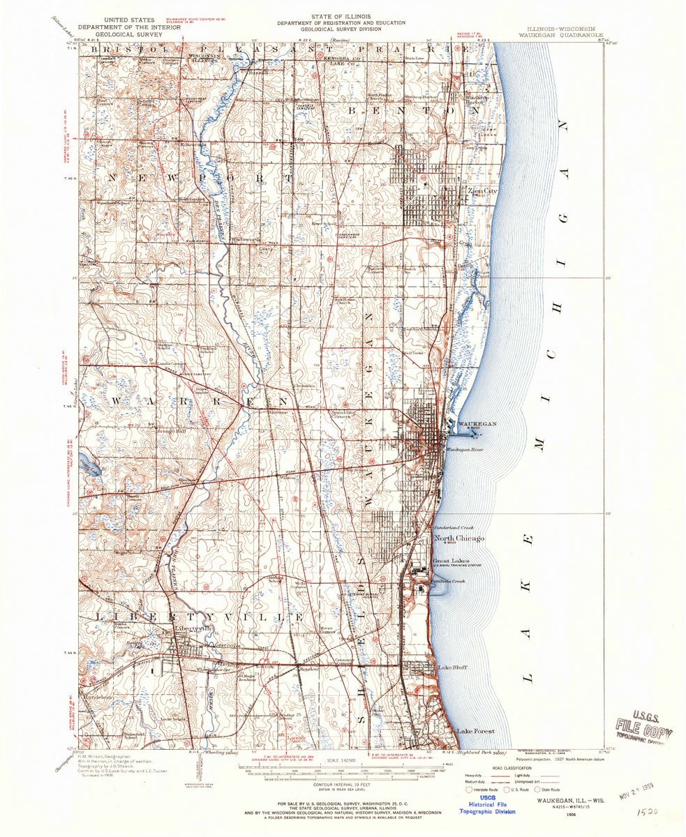 1906 Waukegan IL USGS Historical Topographic Map Wall Art - 44x55 Inch Large Vintage Decor for Home, Office & Gifts | Perfect for History Buffs & Map Lovers