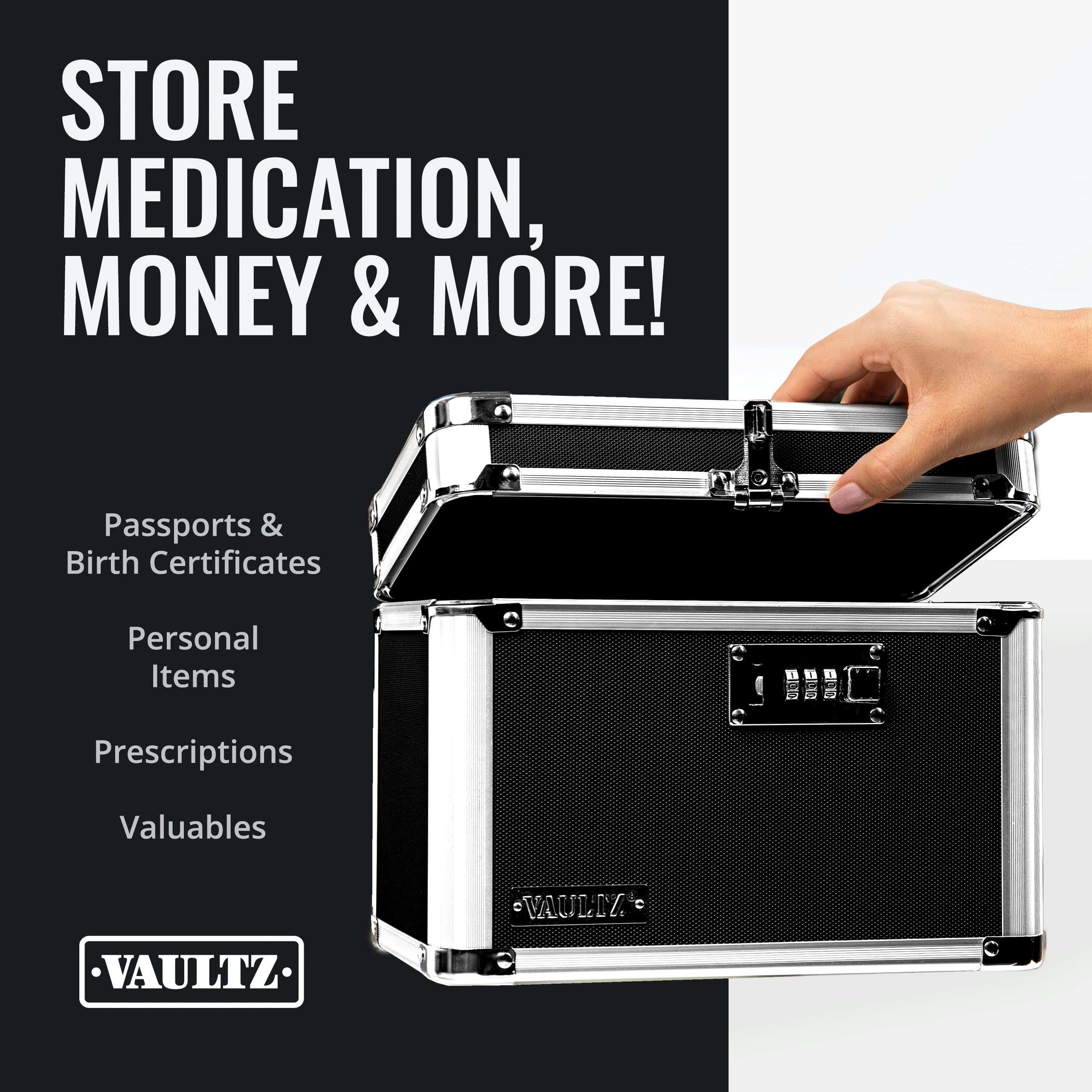 Vaultz Secure Combination Lock Box - 9.88 x 7.75 x 7 Inch Fireproof Safe for Documents, Money, Jewelry & Valuables - Black Chrome Storage Box for Home, Office & Travel Security