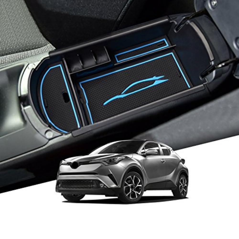 Premium Car Center Console Organizer for Toyota C-HR (2016-2021) | Armrest Storage Box with Blue Mat | Interior Accessories for Enhanced Organization | Perfect for Road Trips & Daily Commutes