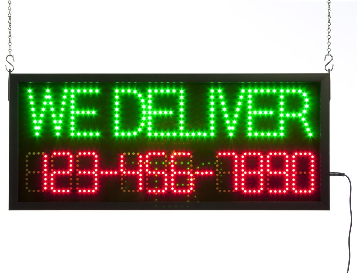 Programmable LED Business Sign with 'WE Deliver' Message & Phone Number - Animated Window Display with 3 Lighting Modes, Hanging Hardware & Remote Control - Perfect for Restaurants, Retail Stores & Delivery Services
