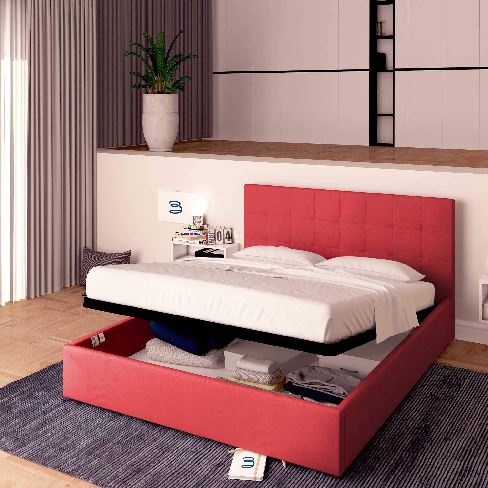 Baldiflex Single Bed with Storage Drawers & Headboard - Dublin Fabric Model, Slatted Base for Single Mattress, 80 x 190 cm, Elegant Red - Perfect for Small Bedrooms, Guest Rooms & Studio Apartments