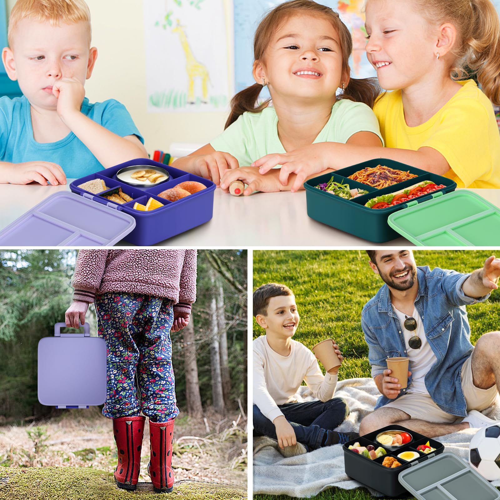 MAISON HUIS Kids Bento Lunch Box with 8oz Soup Thermos - 5 Compartment Leakproof Lunch Containers, Insulated Hot Food Jar for School, Travel, Picnic & Outdoor Activities - BPA Free & Eco-Friendly