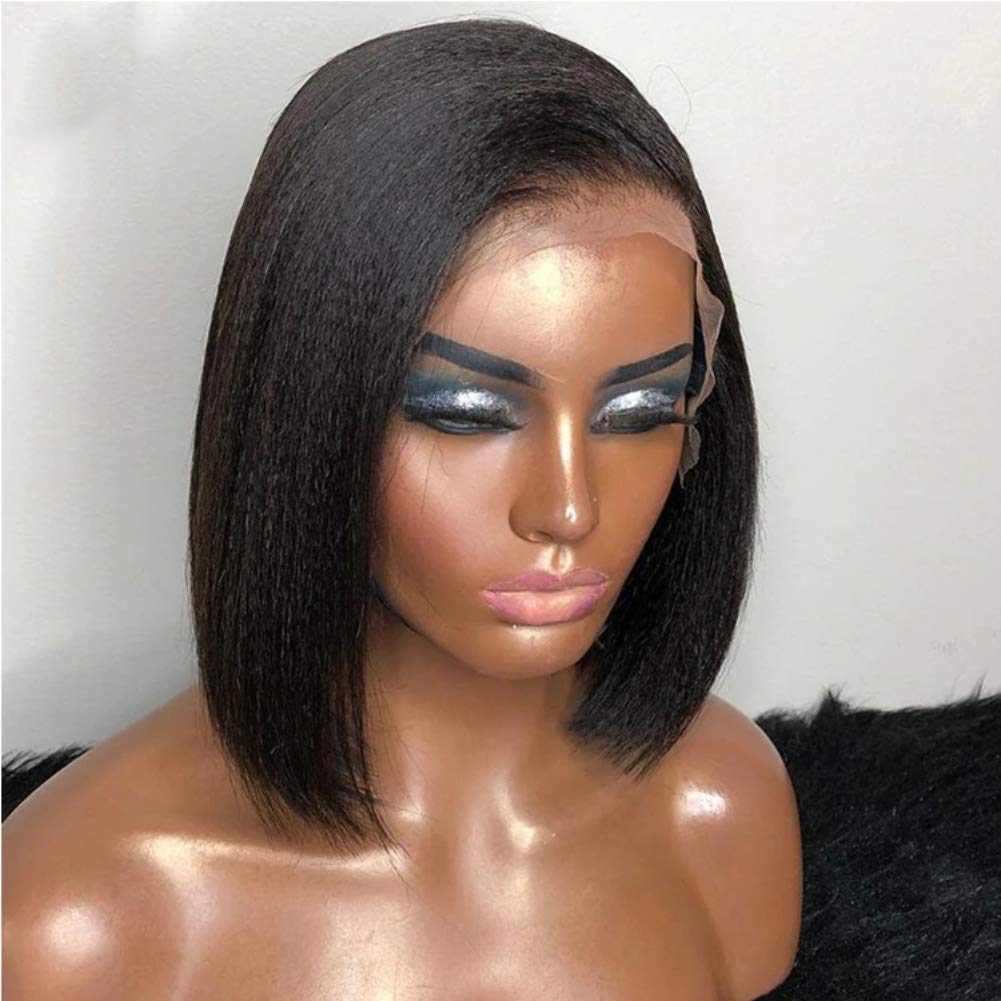 13x4 Kinky Straight Lace Front Human Hair Wig - Pre Plucked with Baby Hair, 150% Density, Glueless Yaki Bob Style (10 Inch) for Black Women | Perfect for Daily Wear, Cosplay & Special Occasions