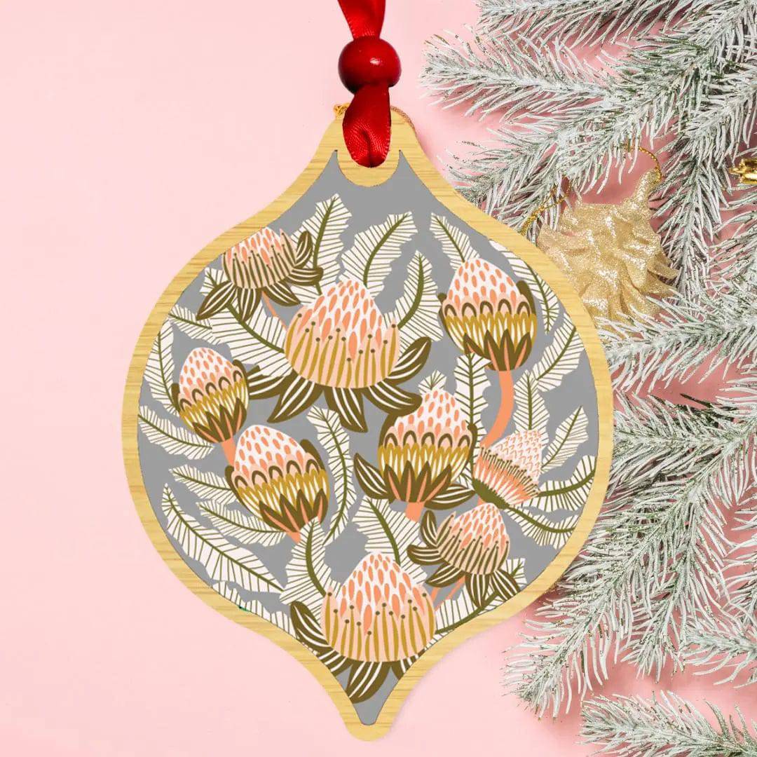 Bush Proteas Christmas Bauble – Handmade Floral Ornament for Holiday Tree Decor, Festive Home & Office Decoration