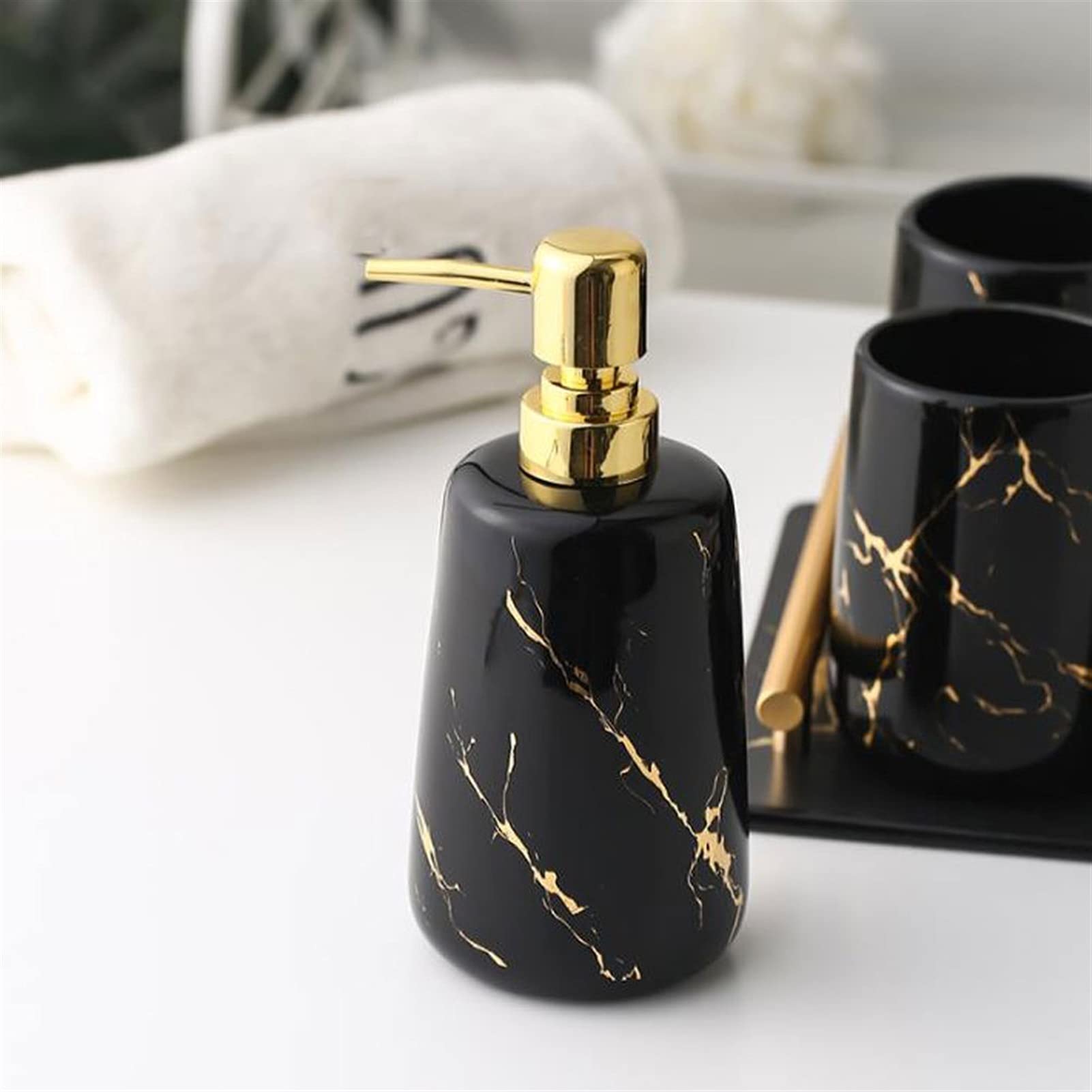 Premium Ceramic Refillable Liquid Hand Soap Dispenser Set - 6 Piece Bathroom Accessories Kit with Soap Dispenser, Toothbrush Cup, Tumbler, Soap Dish & Tray | Elegant Hotel-Style Decor for Home, Guest Bath & Spa Retreat
