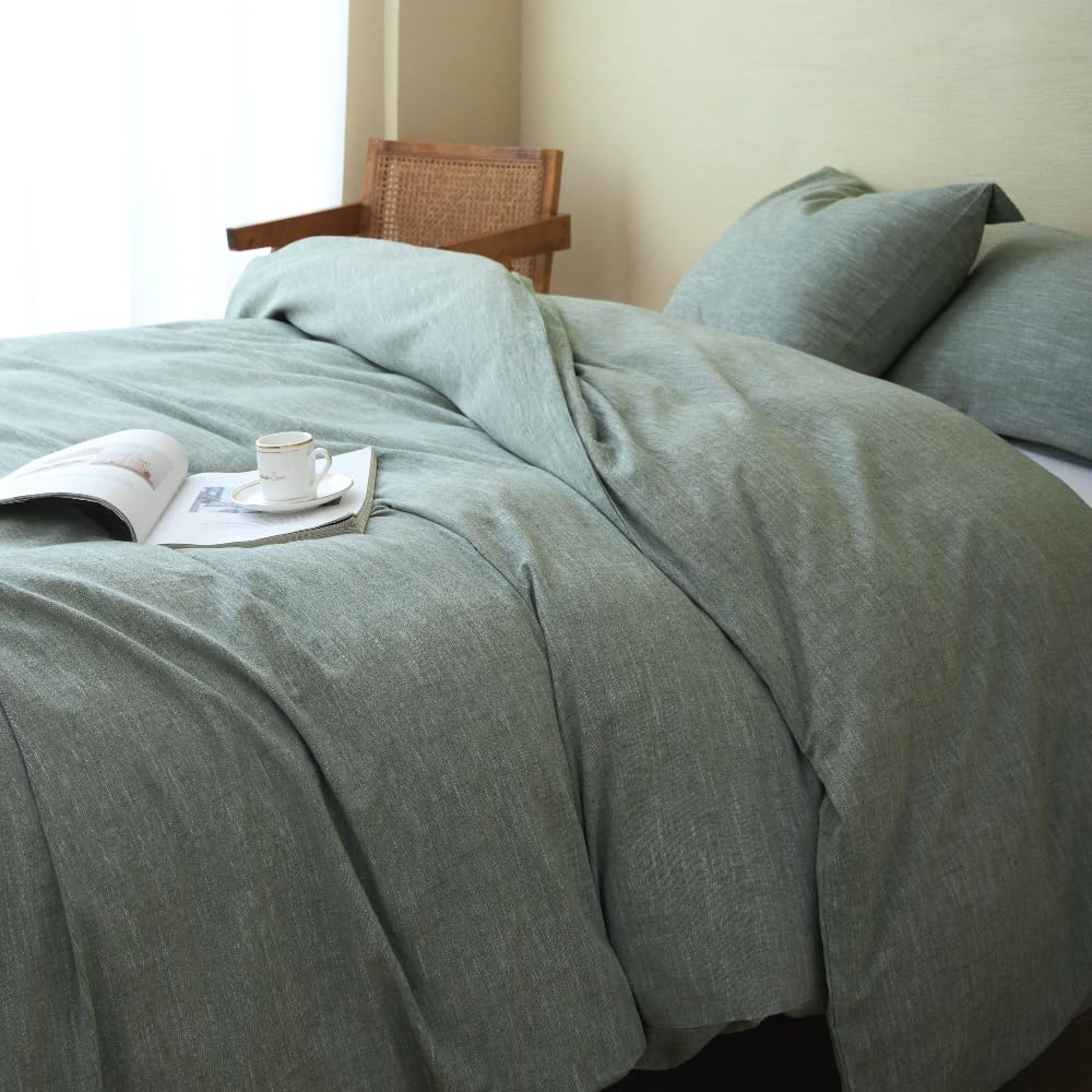 Stonewashed Cotton Linen Duvet Cover Twin Size - 3 Piece Breathable Comforter Cover Set | Soft Skin-Friendly Bedding for Cozy Sleep | Perfect for Guest Rooms, Dorms & Minimalist Bedrooms (Green)