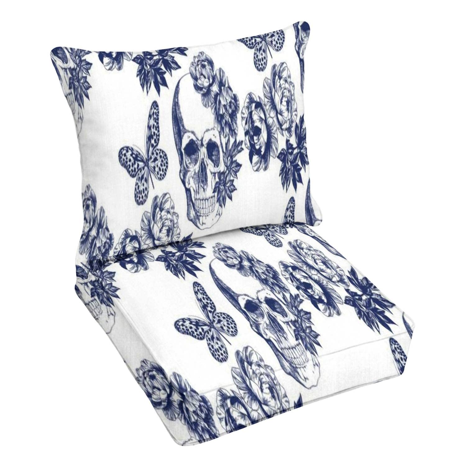 Outdoor Deep Seating Cushion Set - Skull & Butterfly Floral Print White Conversation Back Seat - Premium Patio Furniture Replacement Cushions for Lounge Chairs - Perfect for Garden, Poolside & Outdoor Relaxation