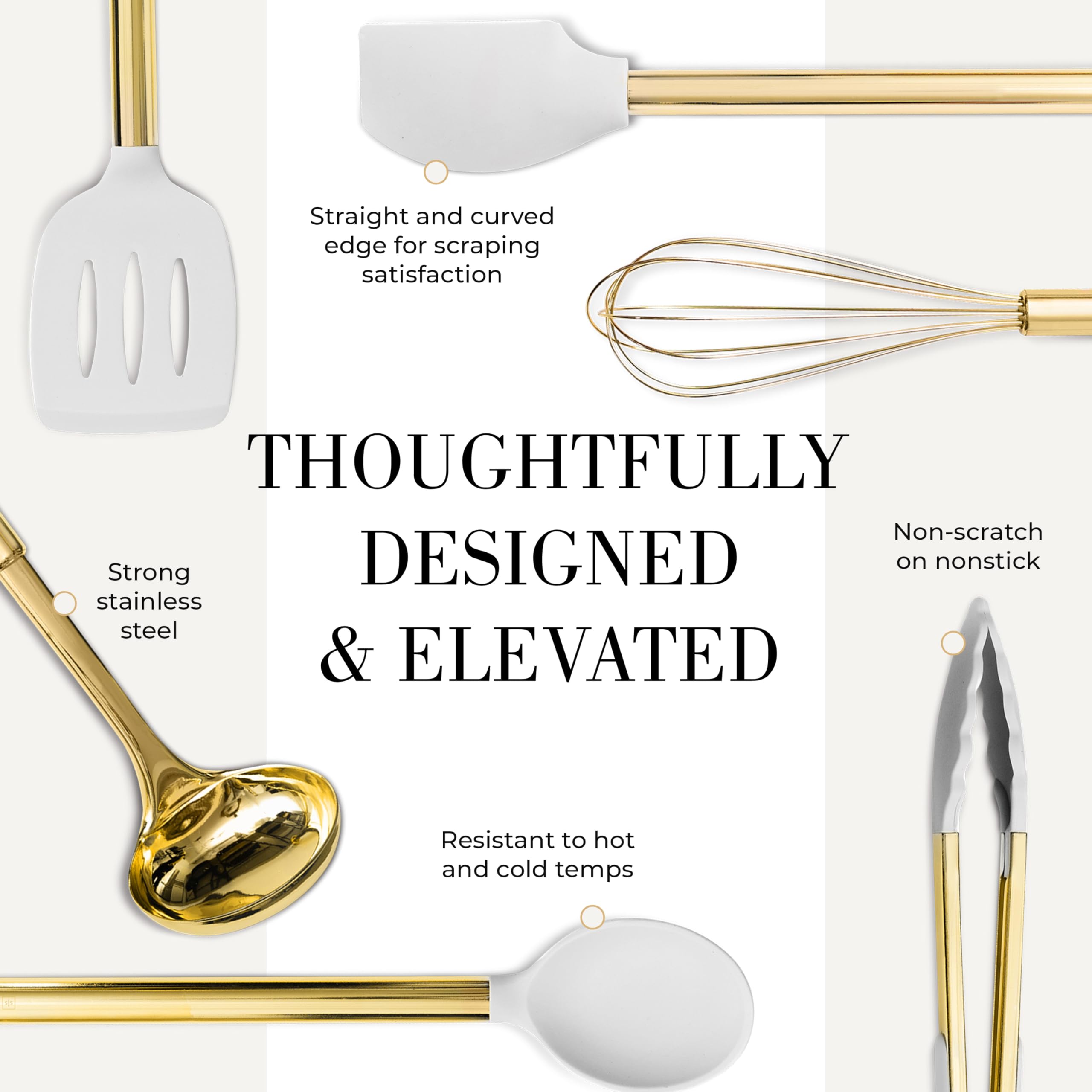 Premium 7-Piece White & Gold Silicone Cooking Utensil Set with Holder - Heat-Resistant Kitchen Tools for Nonstick Cookware - Perfect for Baking, Frying & Modern Kitchen Decor - Luxury Cooking Gift Set for Home Chefs