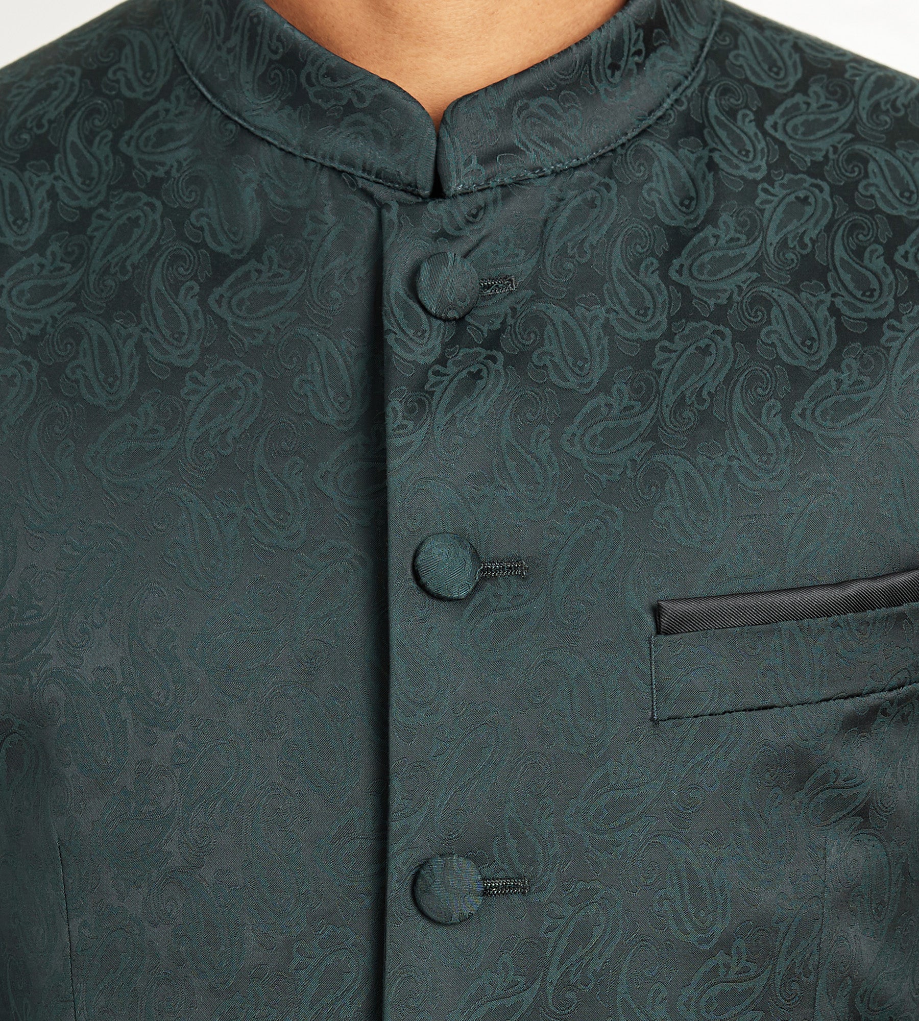 Modern Fit Forest Green Jacquard Nehru Suit Jacket for Men - Elegant Wedding & Formal Occasion Blazer - Premium Ethnic Menswear for Parties, Festivals & Special Events