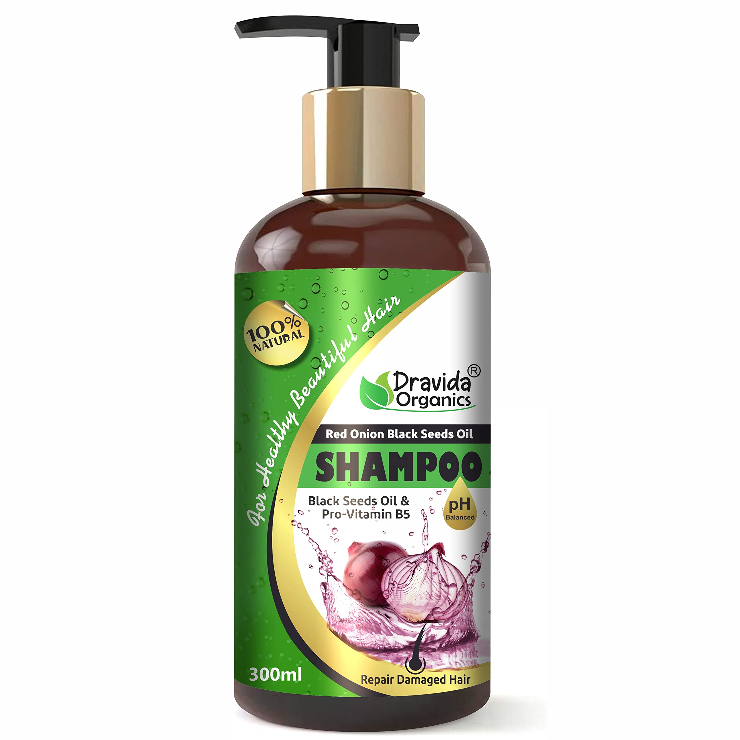 Dravida Organics Red Onion & Black Seed Oil Shampoo with Natural Extracts - 300ml for Hair Growth & Scalp Care | Fights Hair Loss & Dandruff | Sulfate-Free & Organic Formula