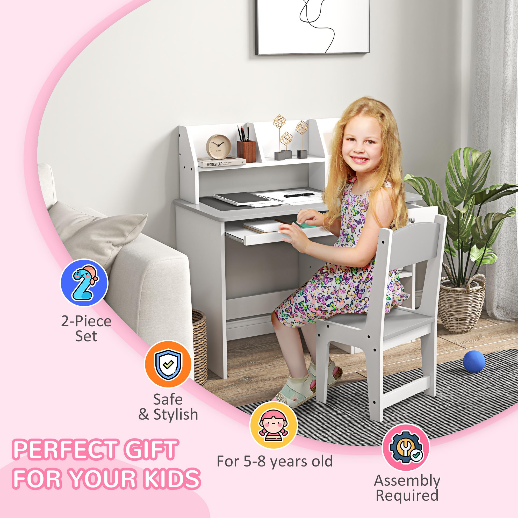 Qaba Kids Study Desk and Chair Set with Storage - Adjustable Height Children's Desk for Ages 5-8 - Gray - Perfect for Homework, Drawing & Learning Activities
