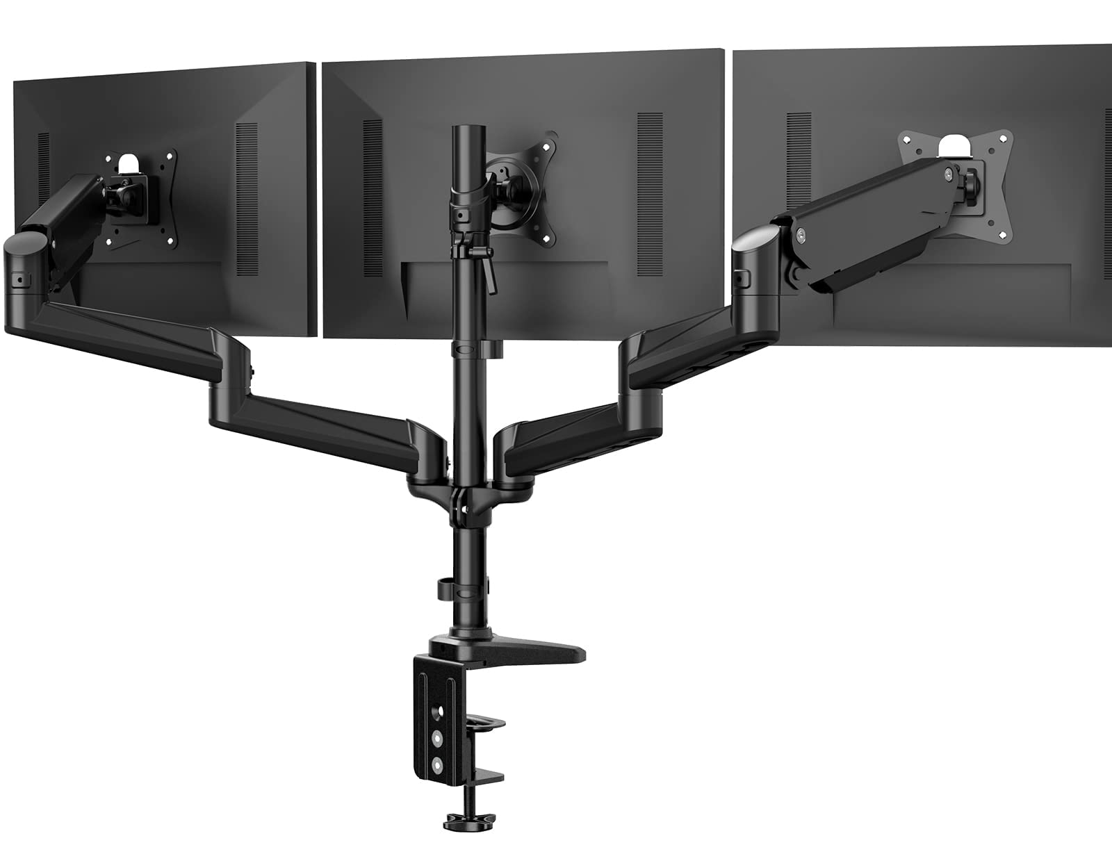 HUANUO Triple Monitor Stand - Adjustable Gas Spring Monitor Arm for 3 Screens 17-32 Inch, Compatible with Flat/Curved LCD Monitors, Includes Clamp & Grommet Kit (Black) - Perfect for Home Office, Gaming Setup & Multi-Tasking Workspaces