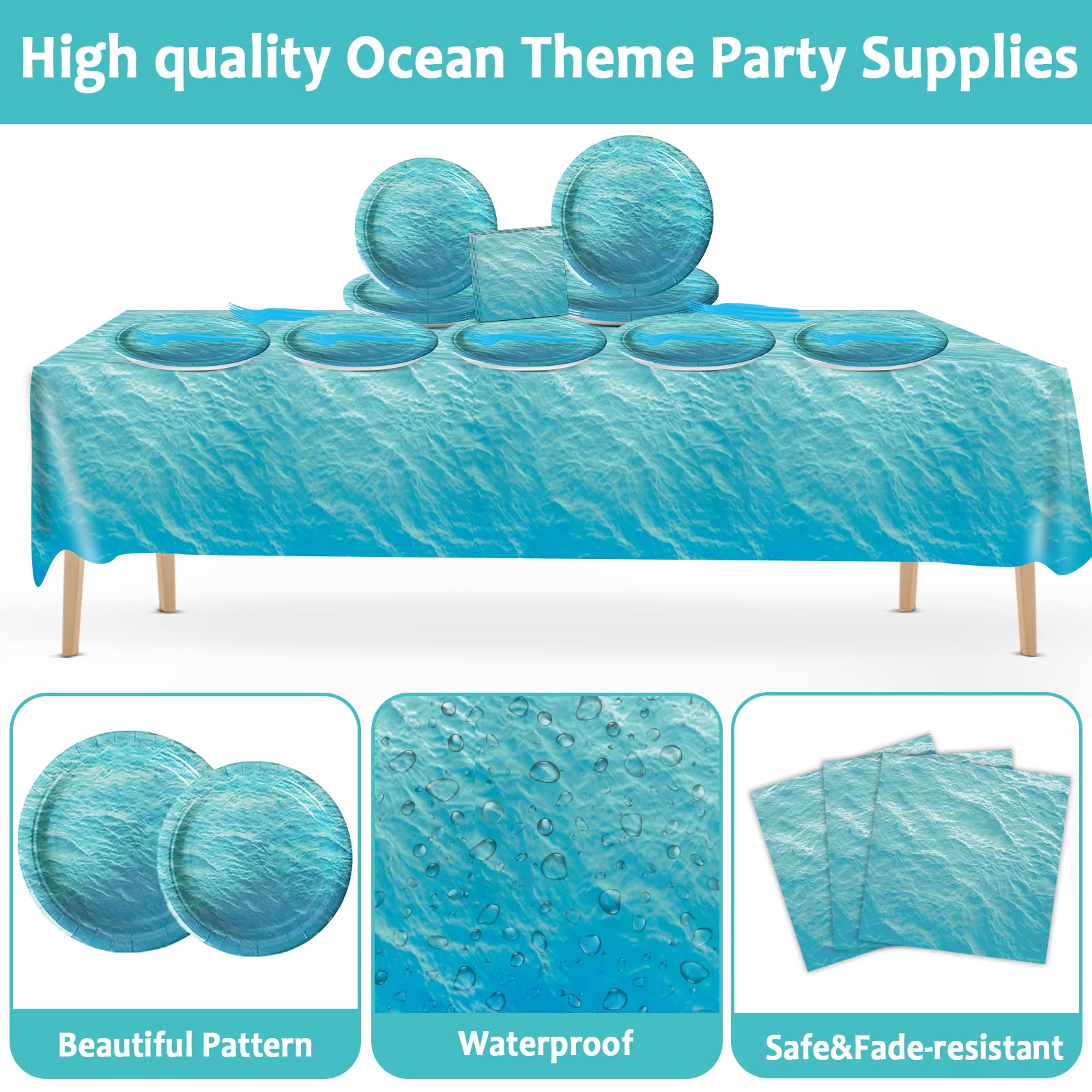 98-Piece Ocean Sea Party Supplies Set - Ocean Waves Party Plates, Tablecloth, Tableware, Paper Forks & Napkins for 24 Guests - Perfect for Beach Themed Parties, Birthday Celebrations & Summer Events