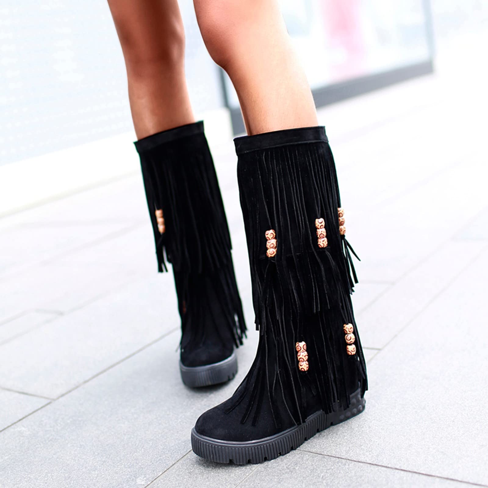 Women's Winter Fashion Boots - Breathable Flats with String Beads & Tassel - Retro Thigh High Boots in Pure Colors (Black, Size 9) | Perfect for Holiday Parties & Cold Weather Outfits