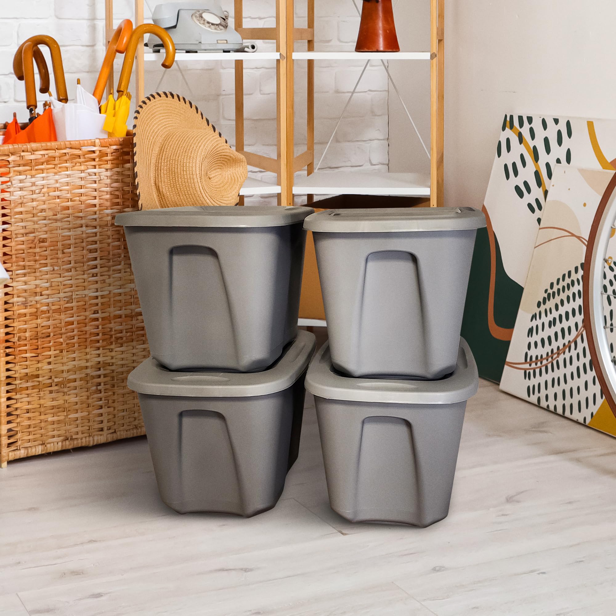 HOMZ 4-Pack Heavy Duty Plastic Storage Bins - 10 Gallon Home Organization Containers - Titanium Silver - Perfect for Closet, Pantry, Garage & Toy Storage