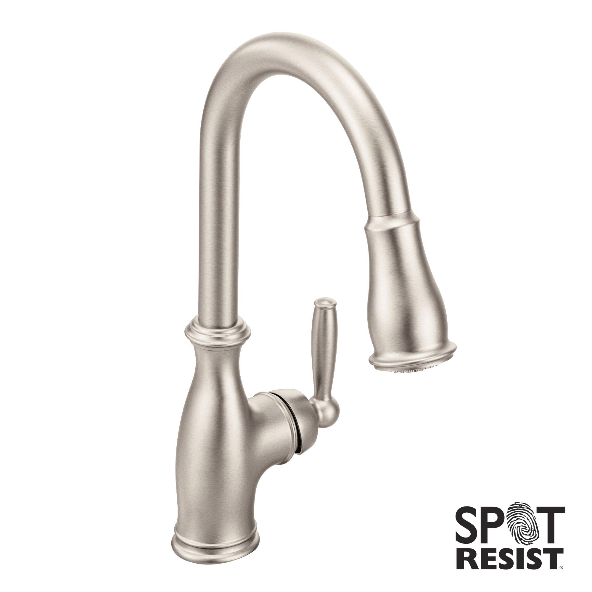 Moen Brantford 7185SRS Spot Resist Stainless Steel High Arc Pull-Down Kitchen Faucet with Reflex Technology & Soap Dispenser - Perfect for Modern Kitchens, Easy Cleaning & Hand Washing