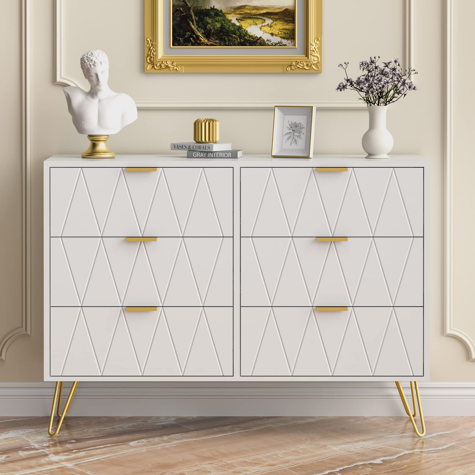 Modern 6-Drawer Dresser with Wide Storage & Metal Handles - Solid Wood Chest of Drawers for Bedroom, Living Room, Hallway | Perfect for Organizing Clothes, Bedding & Home Essentials (White)