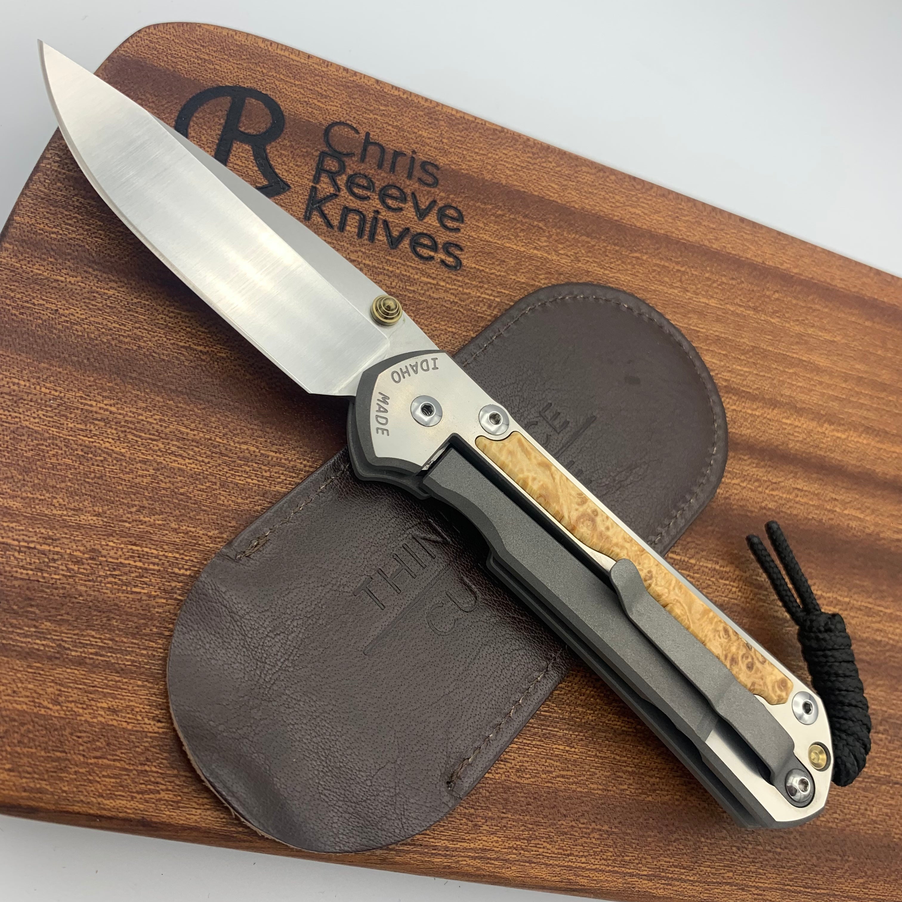 Chris Reeve Knives Large Sebenza 31 LH Drop Point Folding Knife - Box Elder Wood Inlay, Polished Titanium Handles, Double Gold Lugs - EDC, Camping, Hunting, Outdoor Survival Gear
