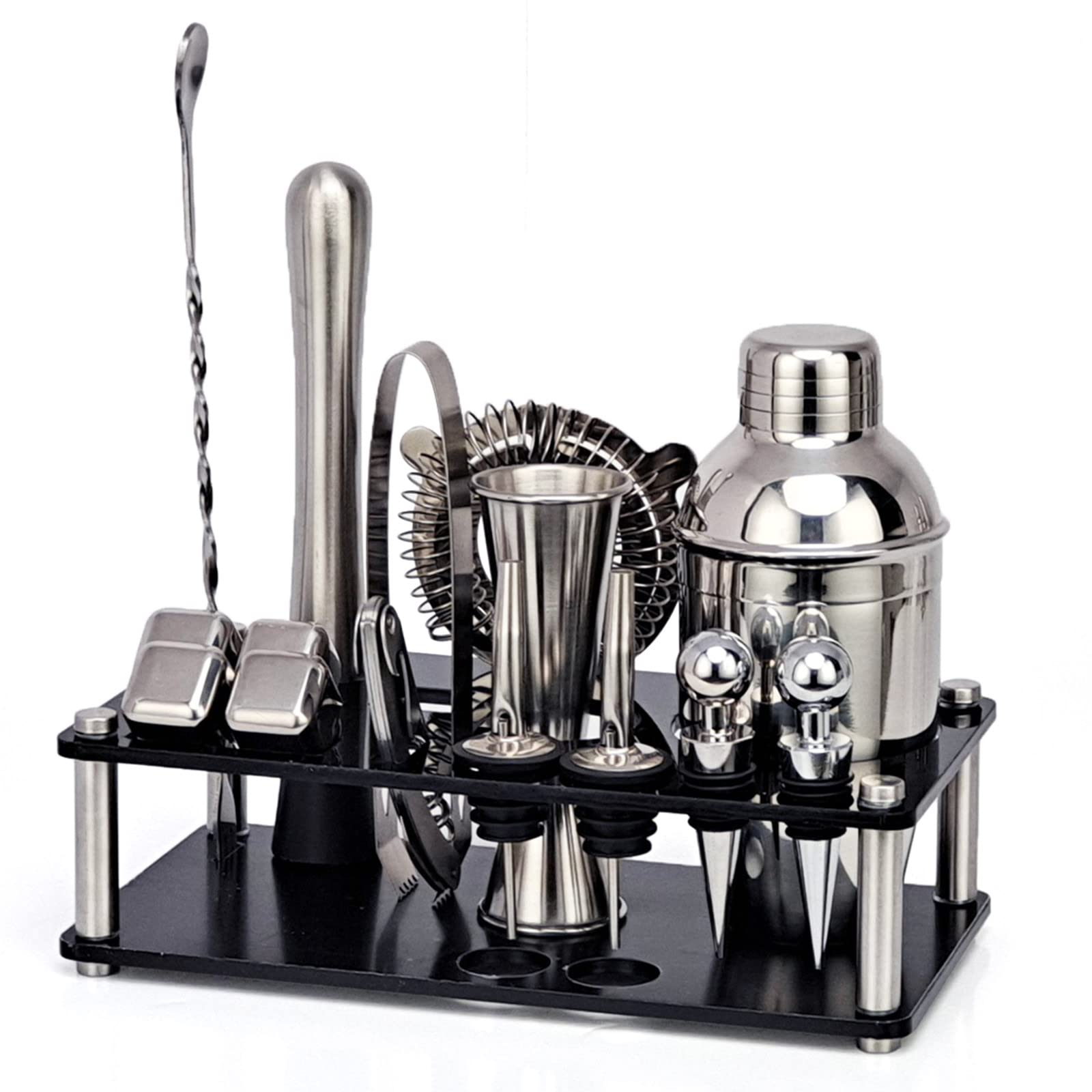 16-Piece Stainless Steel Cocktail Shaker Set with Acrylic Stand - Professional Bartender Kit & Bar Tools for Mixing Drinks - Perfect Gift for Men, Dad, Grandpa - Ideal for Home Bars, Parties & Cocktail Making