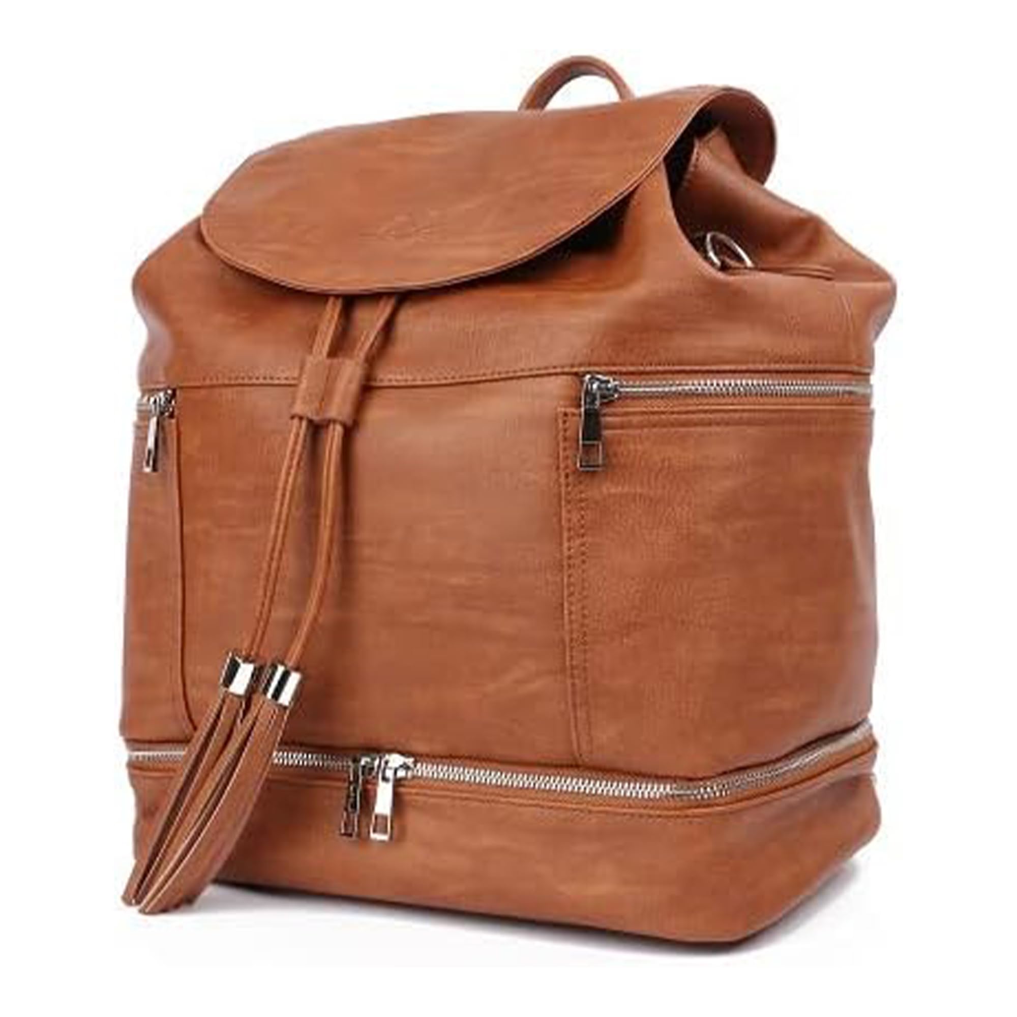 Vintage Tan Leather Diaper Backpack for Women & Men - Multifunctional Travel Diaper Bag with Stroller Straps, Insulated Bottle Pockets & Spacious Storage | Perfect for Parenting, Baby Outings, Air Travel & Daily Commute