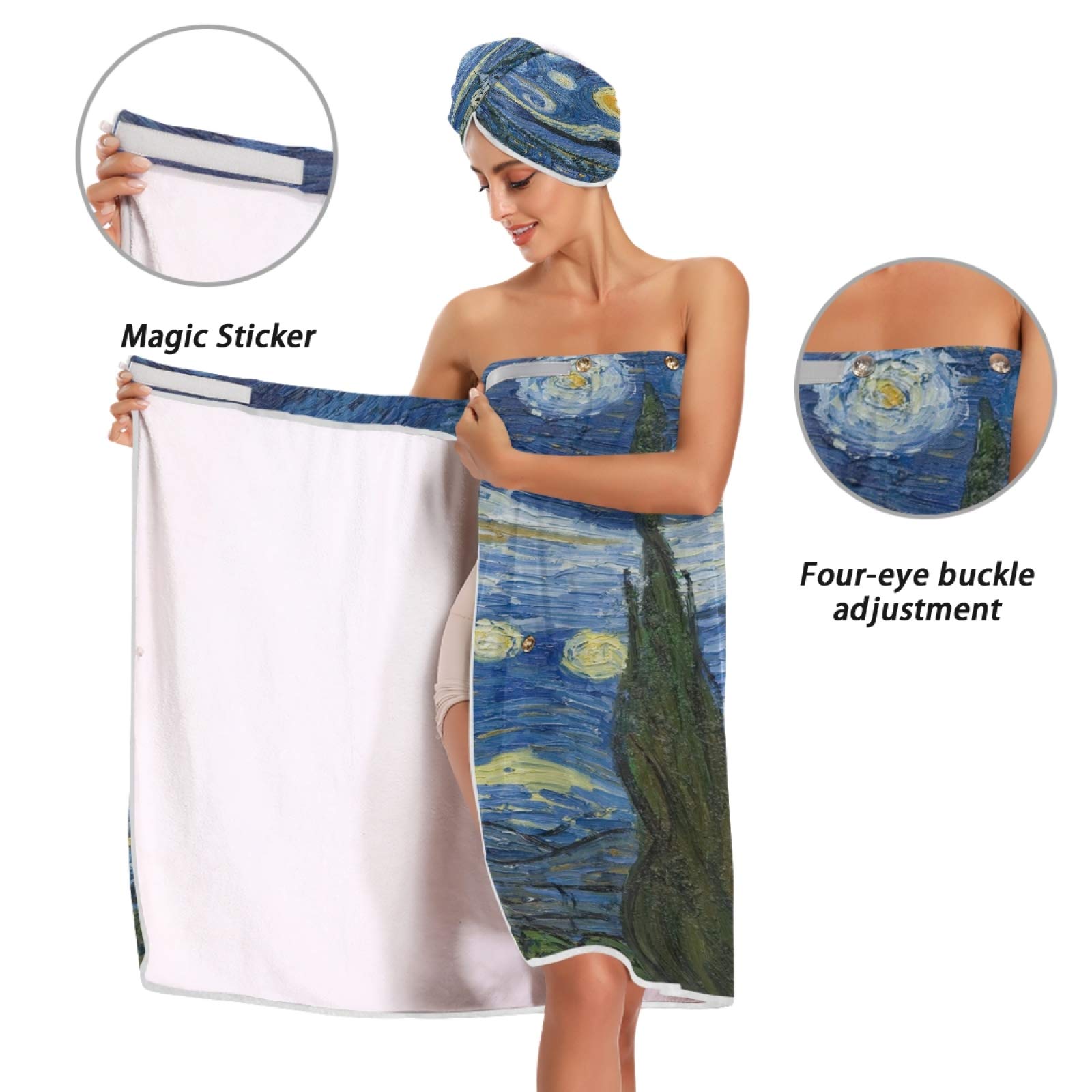 ATTX Women's Spa Towel Wrap Set of 3 - Van Gogh The Starry Night Art Bathrobe, Shower & Bath Body Wrap with Adjustable Closure - Perfect for Spa, Beach & Home Relaxation