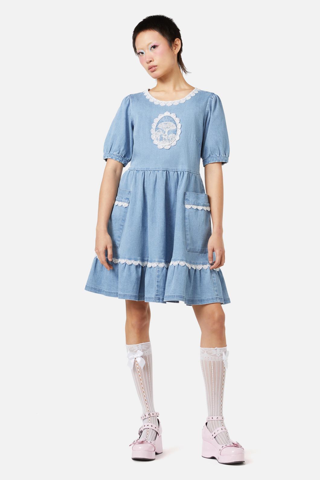 Field Shroom Denim Dress for Women - Vintage Blue Denim Button Down Dress with Pockets | Perfect for Casual Outings, Music Festivals & Boho Style