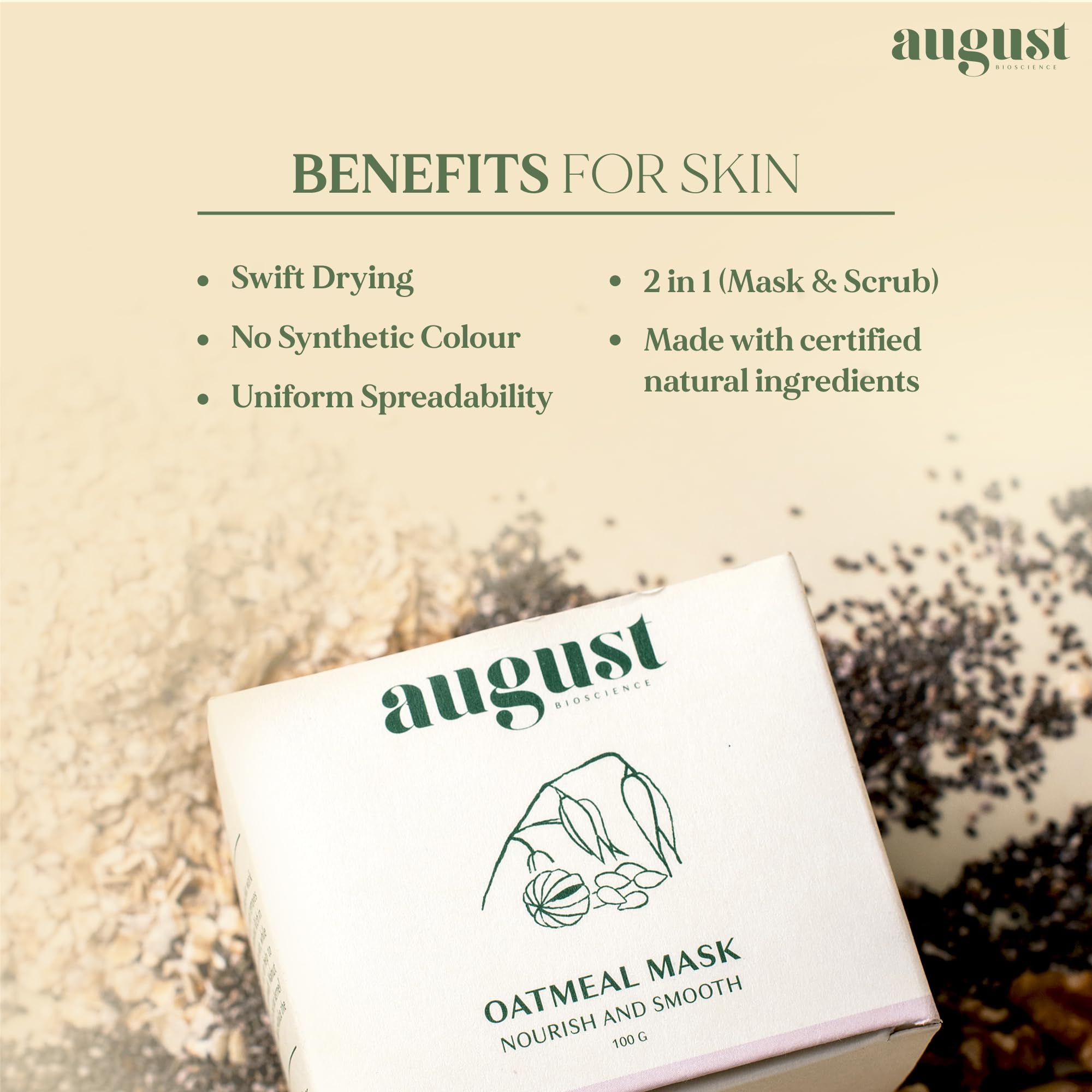 August Bioscience Oatmeal Clay Mask with Shea Butter & Chia Seed Oil - 100g Deep Cleansing Face Mask for Acne, Blackheads & Oily Skin - Perfect for Spa Day & Self-Care Routine