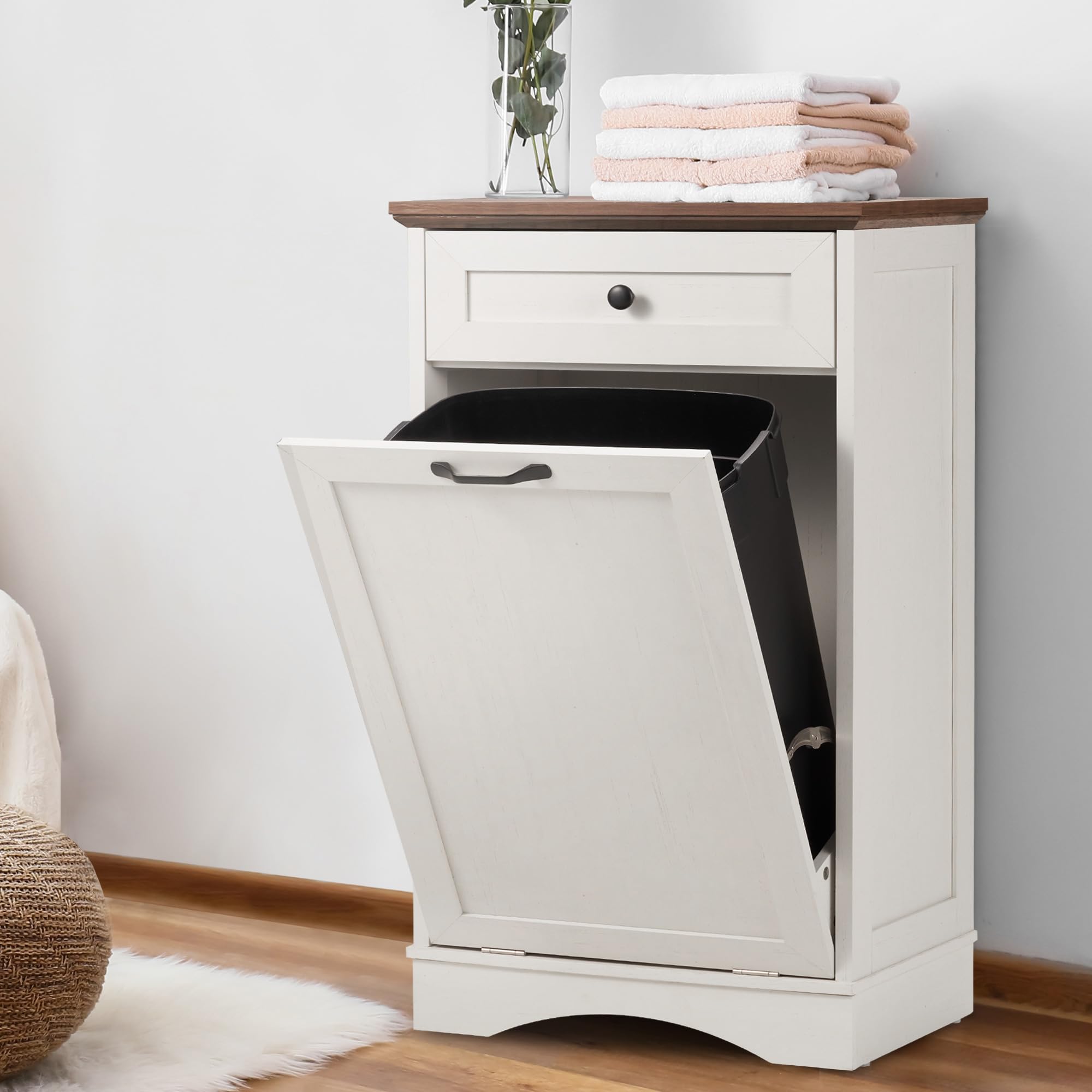 Spurgehom 13 Gallon Tilt-Out Trash Cabinet - Kitchen Waste Bin with Laundry Hamper, Pet-Proof Hidden Trash Can for Kitchen & Living Room in Antique White - Perfect for Small Spaces, Apartments & Pet Owners