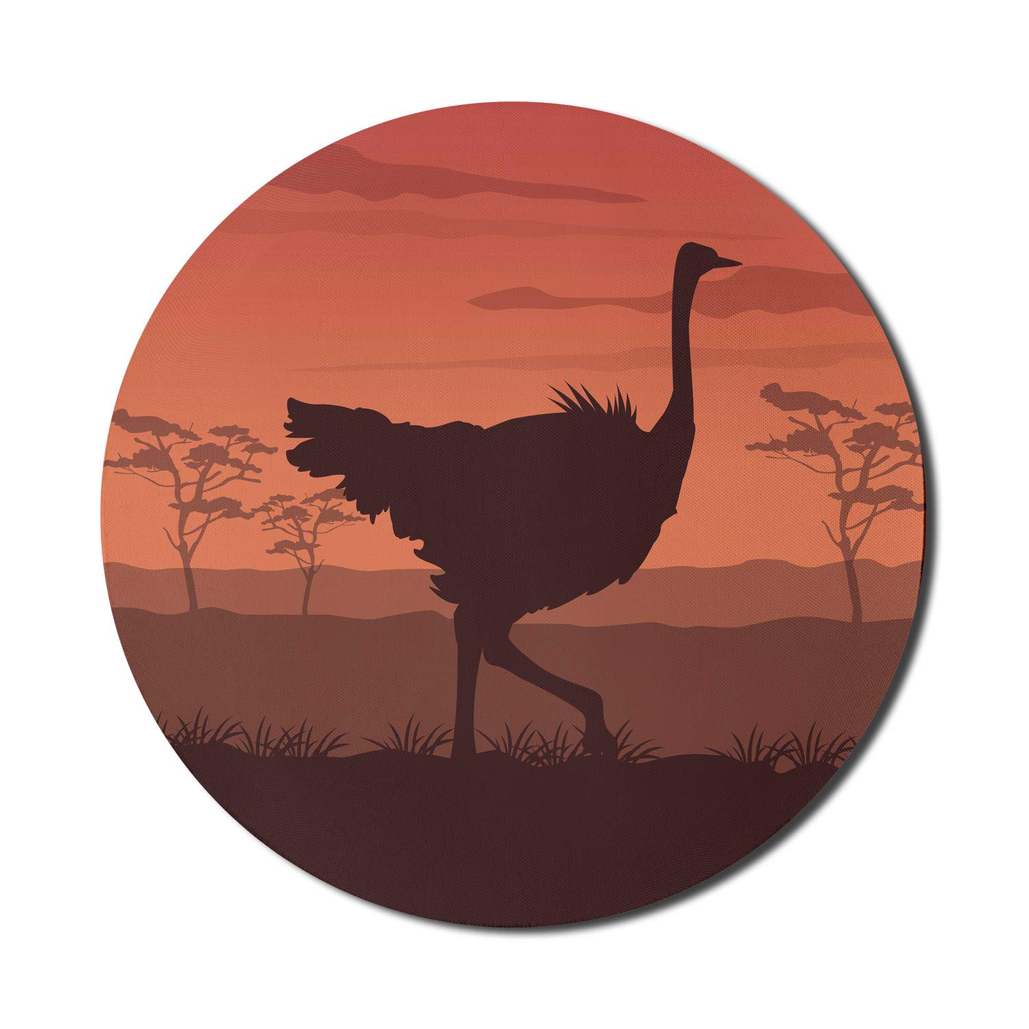 Ambesonne Round Non-Slip Rubber Gaming Mouse Pad - 8 Inch Wild Ostrich Silhouette Sunset Design in Chestnut Brown | Perfect for Computer, Office & Gaming Setup | Ergonomic Desk Accessory for PC & Laptop Users